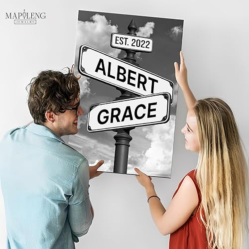 Miniatura 2 de Mapileng Lienzo personalizado con letrero de calle Crossroads arte de pared personalizado con nombre y año para parejas, decoración moderna en