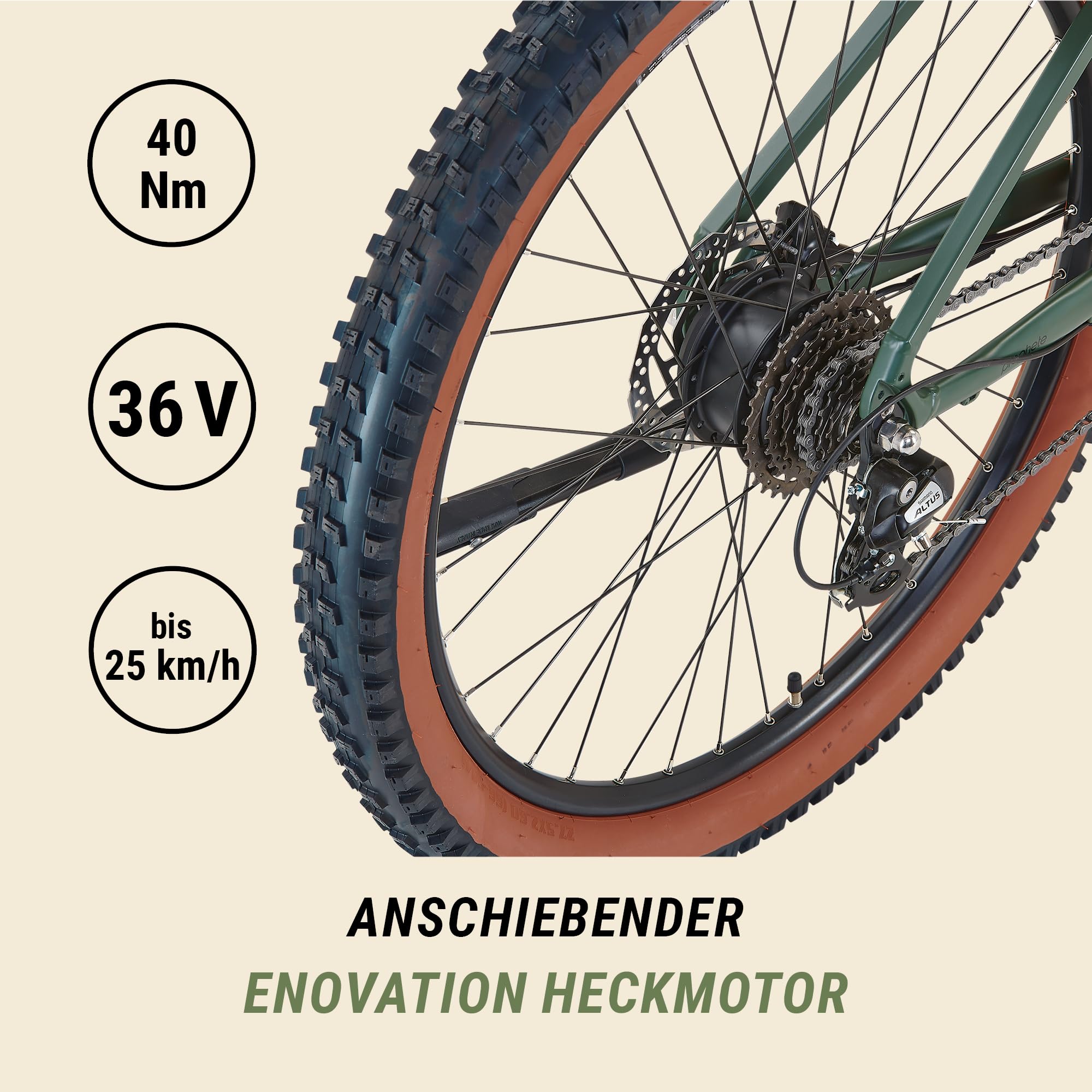 Prophete DICE 1.0 E-MTB 27,5" – Enovation Hinterradmotor 250W, 40Nm, Shimano Altus 8-Gang, 100 km Reichweite, Suntour XCT Federgabel, Hydraulische Scheibenbremse, Bronze Grün