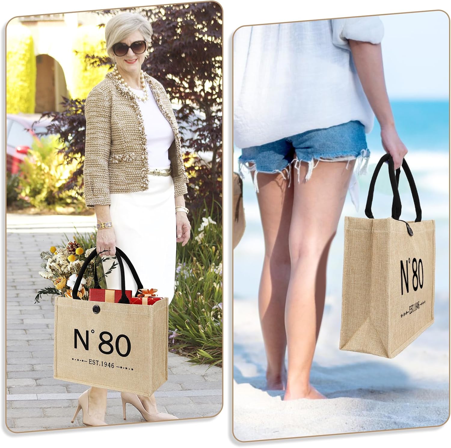 YeohJoy 80th Birthday Gifts for Women Reusable Grocery Bag, Vintage N°80 Burlap Handbag with Cosmetic Bag and Back in 1946 Poster, Unique 80 Years Old Gifts for Mom Grandma Friends Wife Sister Her - Image 6