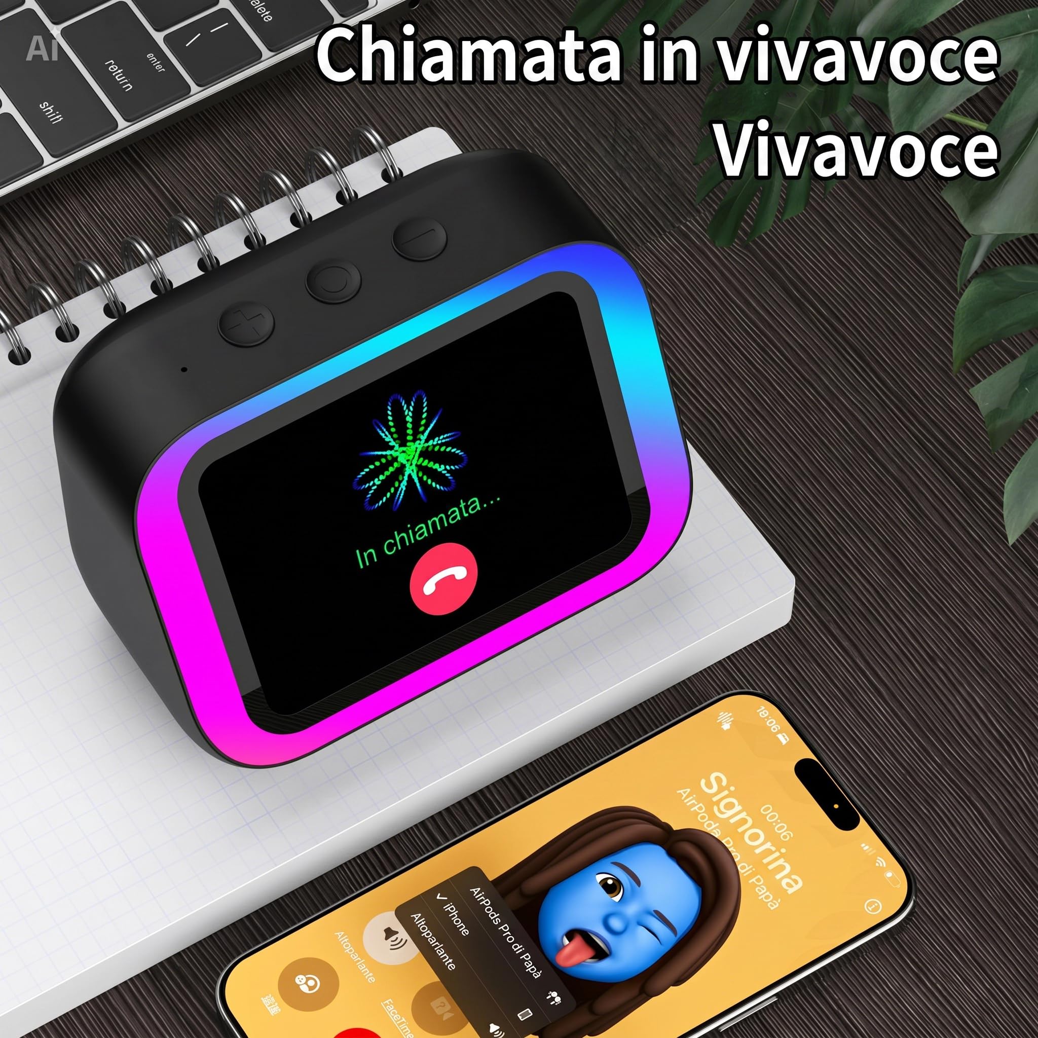 Altoparlante Bluetooth con Display 4" – Smart Speaker con Assistente Vocale, Chiamate, Musica, Meteo, Calendario, Sveglia, Orologio Mondiale, Effetti Luce, Cerca Telefono, Fotocamera Remota (Nero)