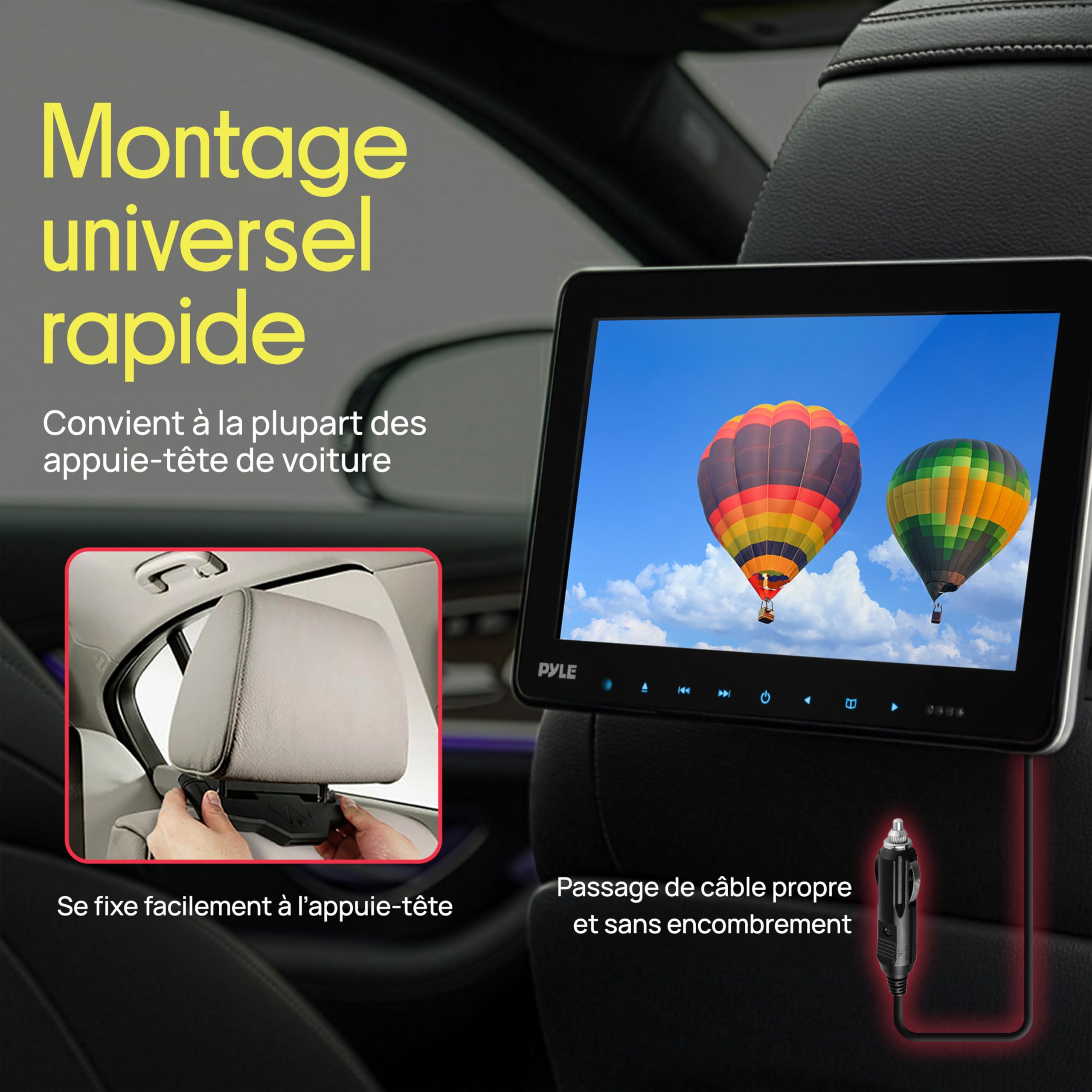 Pyle Lecteur DVD Appuie-Tête Voiture Double Écran 10,5 Pouces – Système Multimédia Auto avec HDMI, Haut-Parleurs Stéréo, Support de Montage et Écran LCD