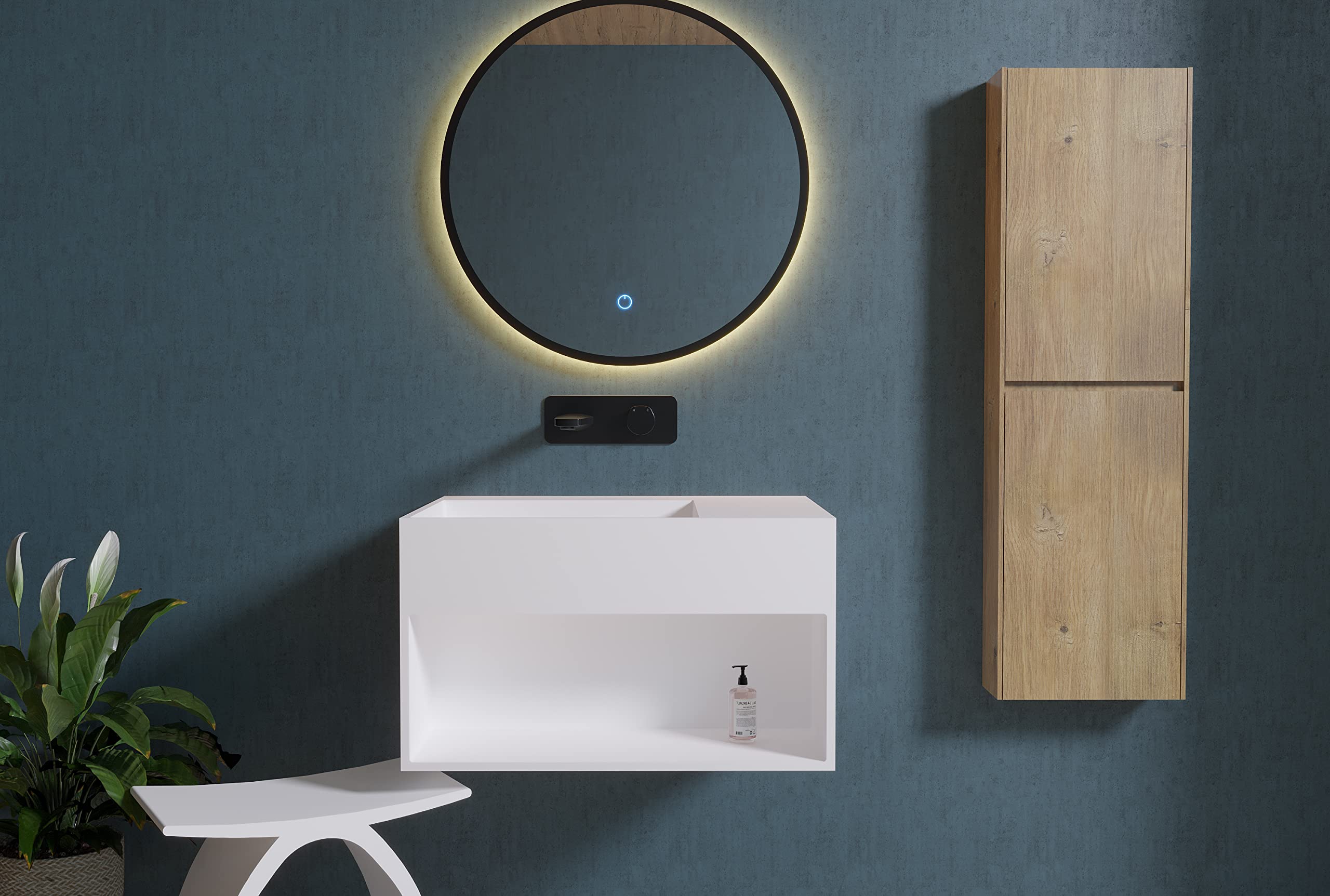 BERNSTEIN - Vasque Lavabo Rectangulaire suspendu fonte minérale Lave main mural Blanc mat 60x46x35cm + Etagère & Bonde pop-up noire - Design, Robuste & Durable - PB2158