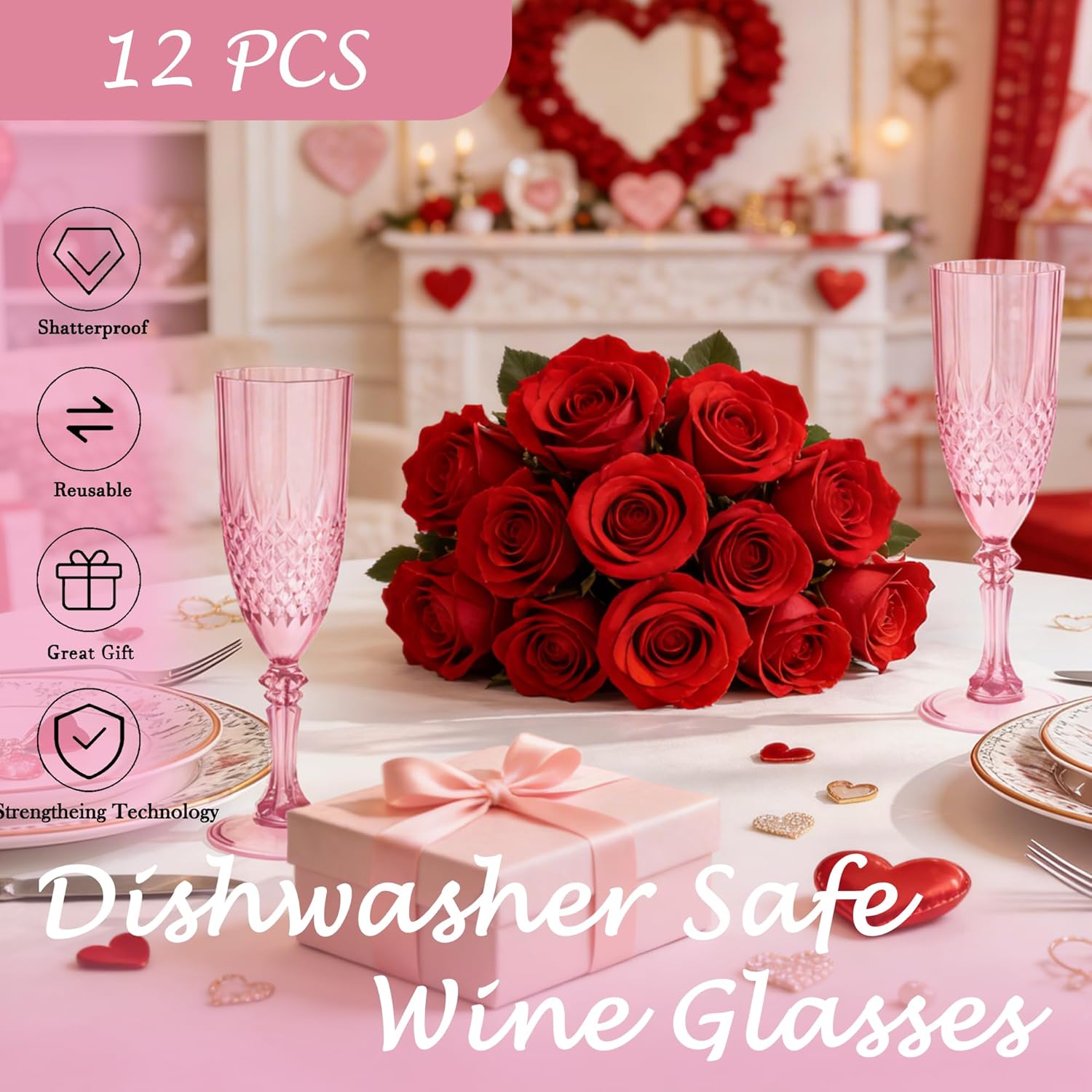 Plastic Champagne Flutes, Champagne Glasses Bulk, Reusable Unbreakable Acrylic Wine Glasses Goblets for Valentine’s Day Weddings Bachelor Parties Toasting (12, Pink) - Image 4
