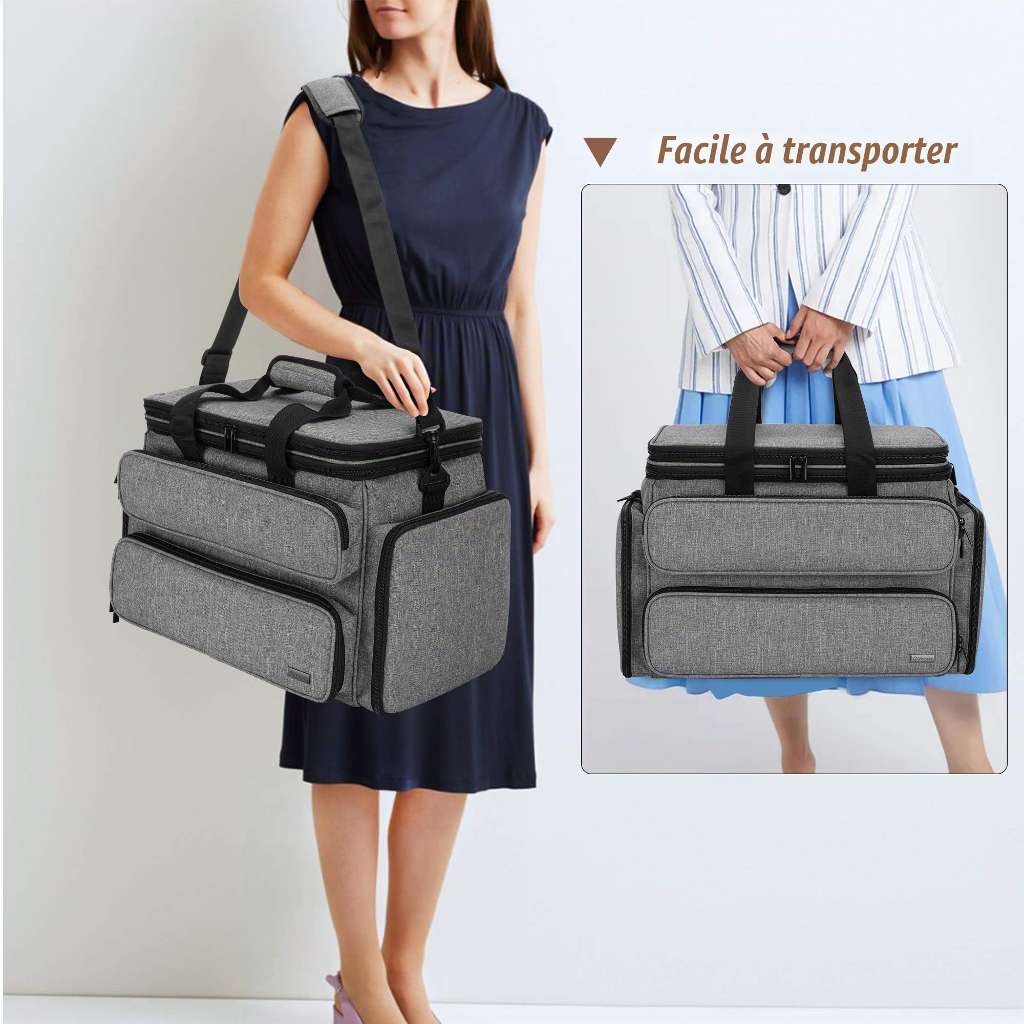 Yarwo Sac à Tricoter, Sac pour Pelotes de Laine, Aiguille a Tricoter, Fil de Laine, Organisateur avec Couverture Supérieure Double et Multiples Poches pour Accessoires Tricot et Crochet, Gris | Organisateur avec couverture supérieure double et multiples p