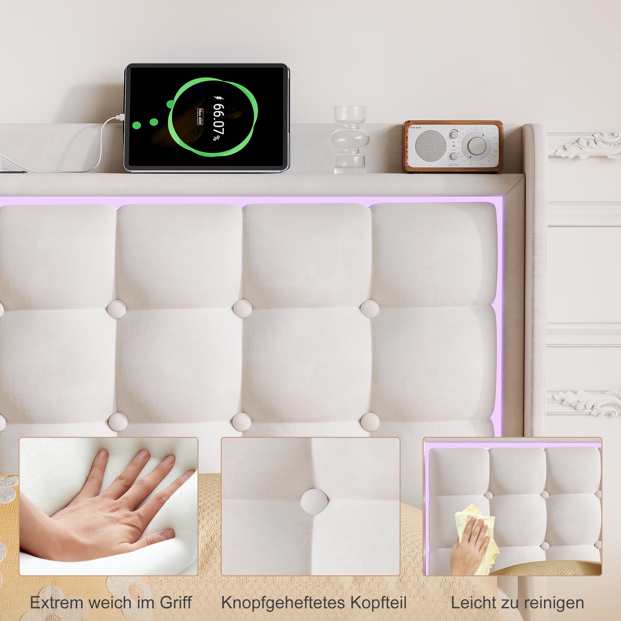 Letto imbottito con effetto galleggiante, LED RGB e porte USB integrate, letto matrimoniale 140 x 200 cm con testiera e rete a doghe in tessuto velluto
