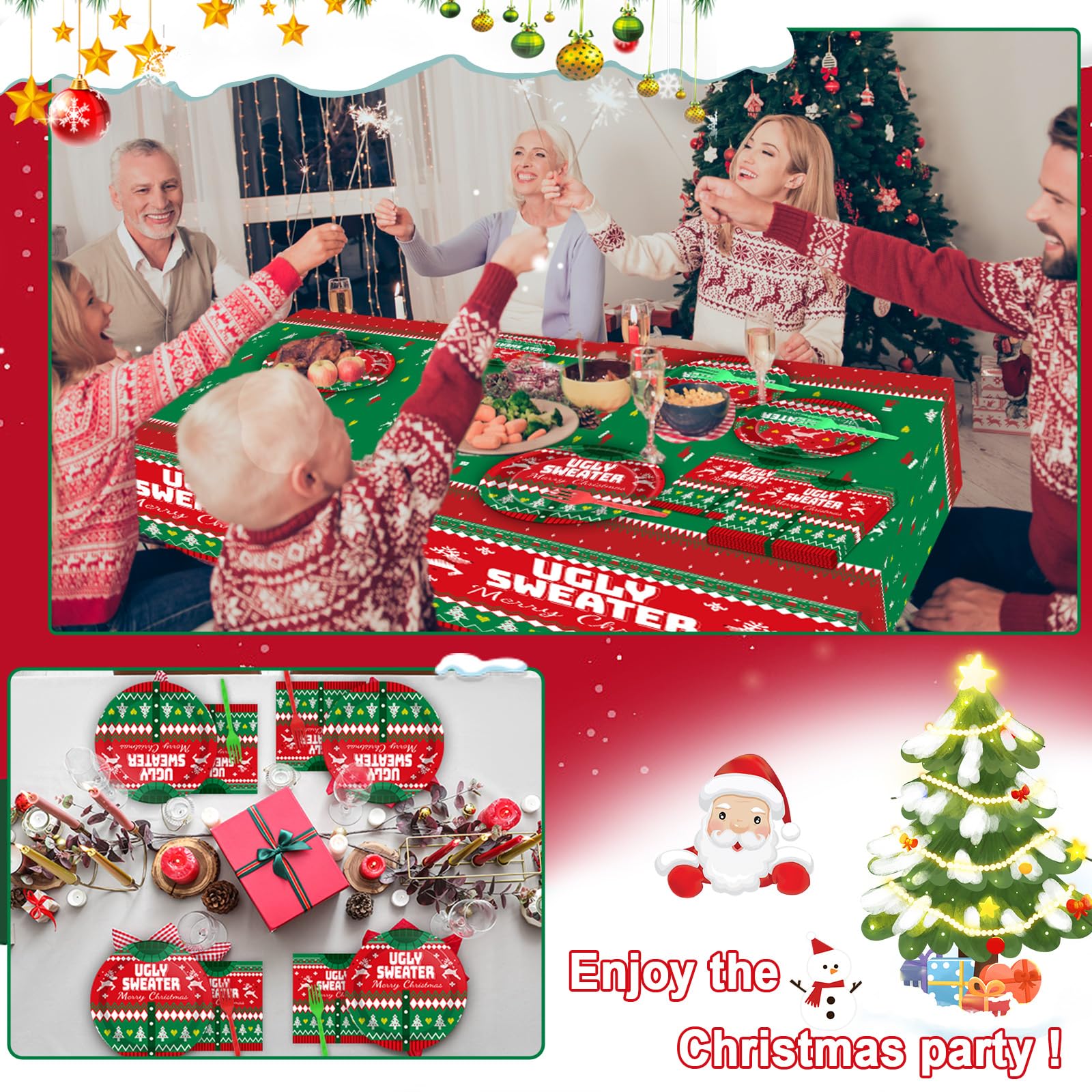 Christmas Ugly Sweater Tablecloths (3 Pack) – 105x54 Inch Tacky Sweater Plastic Table Covers For Holiday Parties - View #8