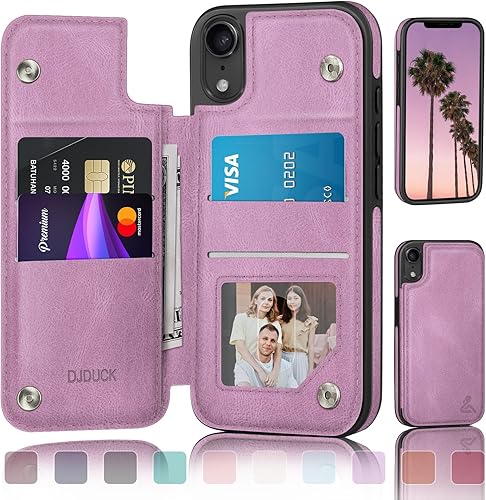 DJDUCK Funda diseñada para iPhone XR con tarjetero y cierre magnético, protección de cuero con bloqueo RFID, a prueba de golpes, para mujeres y