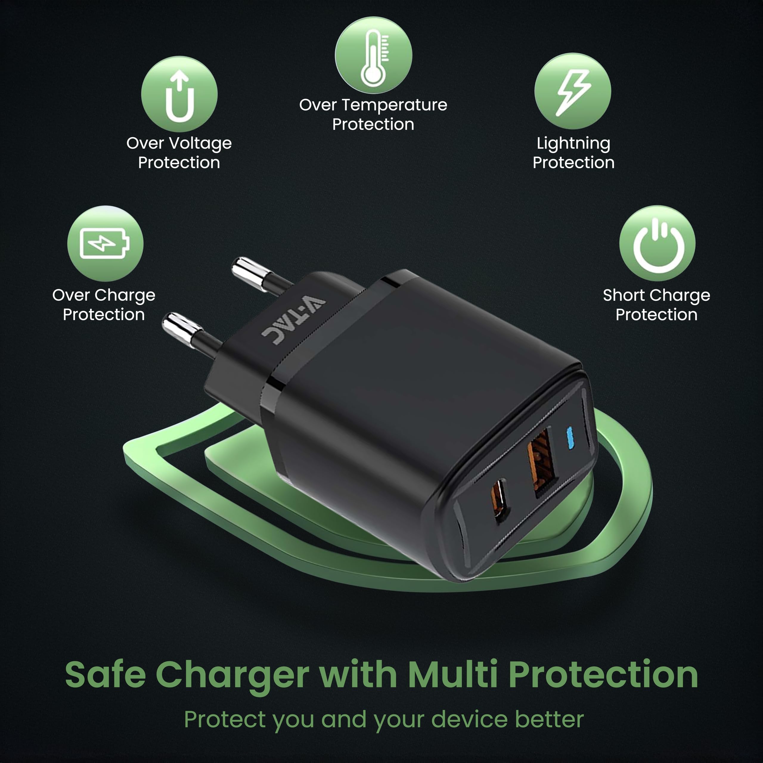 V-TAC Caricatore Rapido USB-C 20W per Iphone e Samsung – [SUPER PICCOLO] - per Smartphone e Dispositivi – 2 Porte: Type C + USB A - Compatibile Iphone 14/15/16/17 PRO/MAX e Galaxy S25 / S26 / A56
