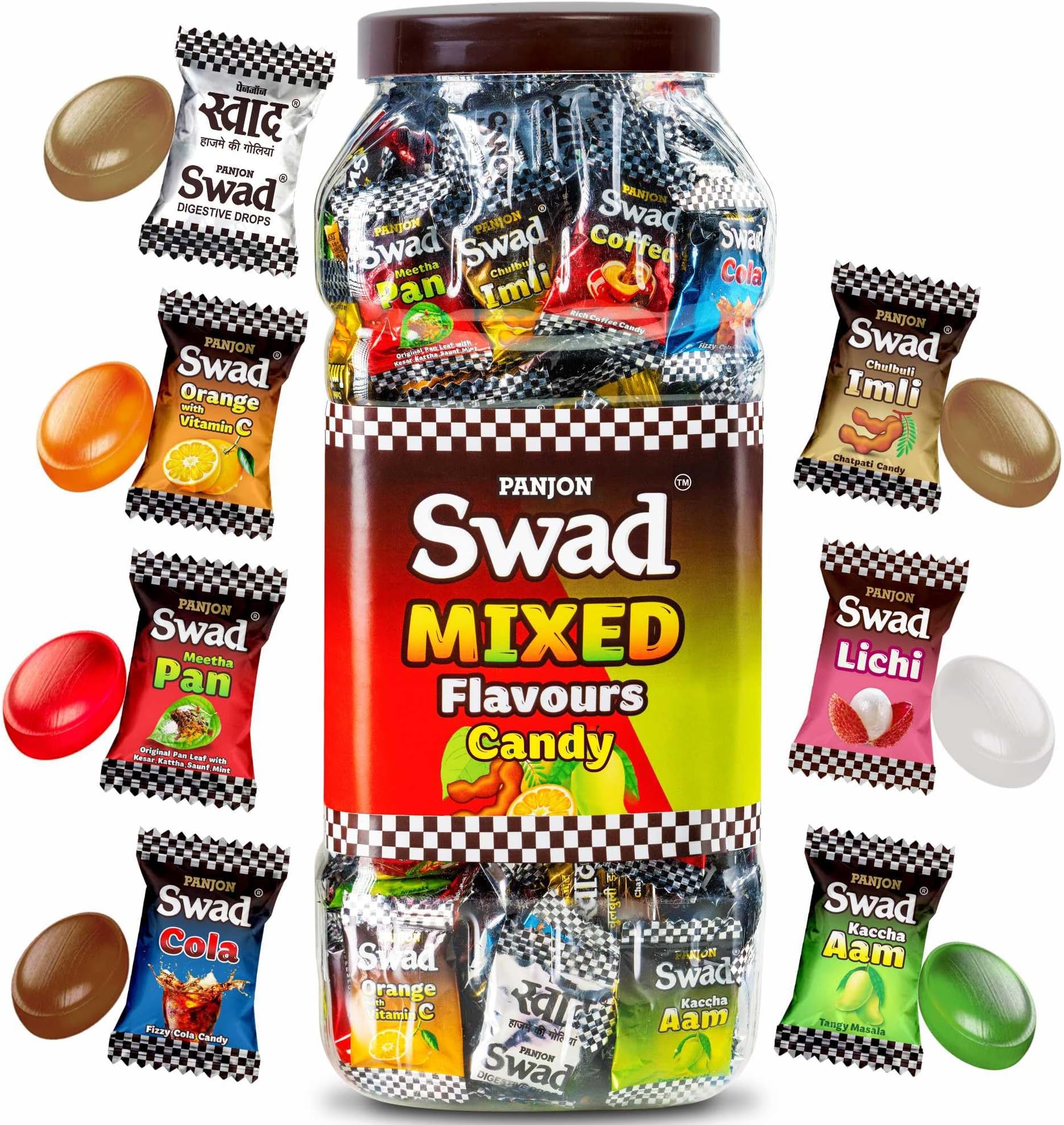 Mixed Assorted Candy Jar (Kaccha Mango, Imli, Coffee, Cola, Pan, Orange) Digestive & Tasty Masala Toffee | Indian Sweets, 200 Candies Jar