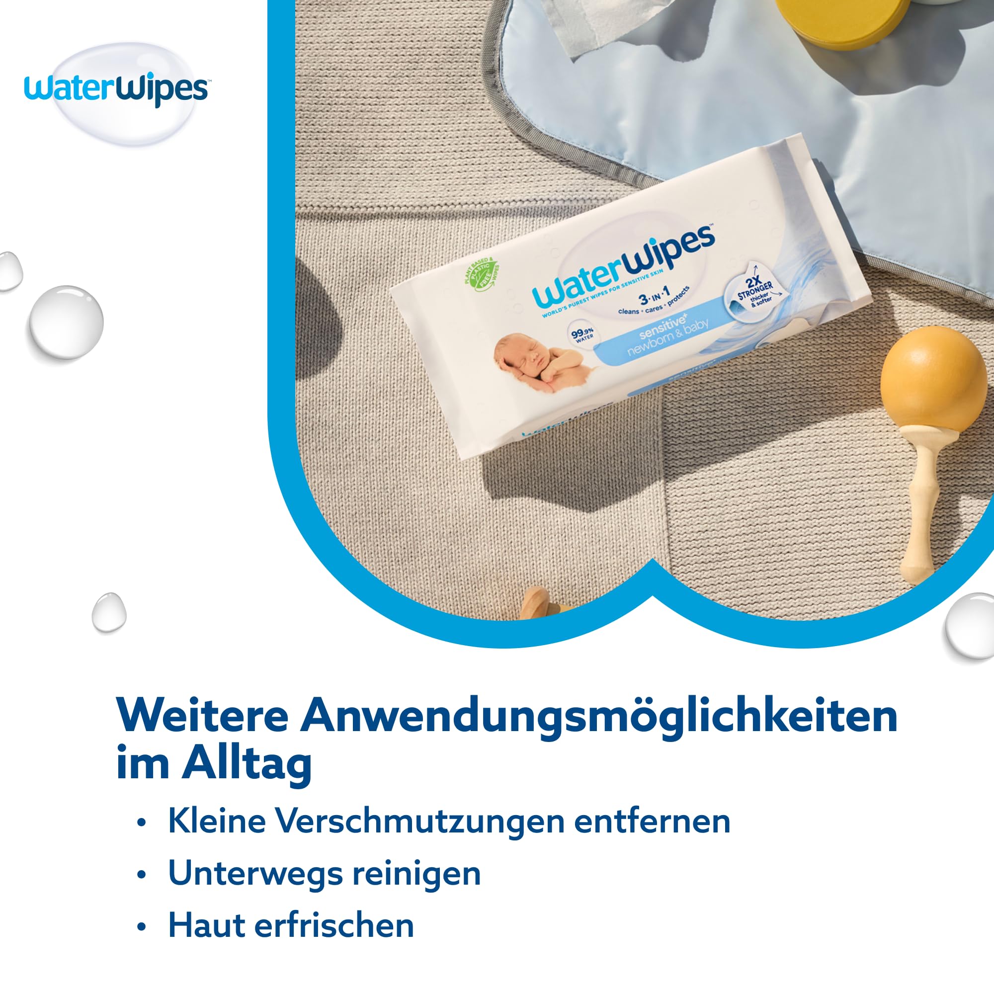 WaterWipes Sensitive+ Feuchttücher für Neugeborene und Babys, 720 Stück (12 Packungen), 99,9% Wasser, parfümfrei