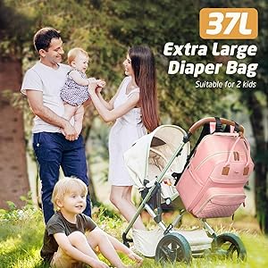 Tonyeee Diaper Bag Backpack - Extra Large Diaper Bag for 2 Kids Twin, Travel Baby Bags for Mom Dad 25-37L Expandable with Changing Pad Earphone Hole, Solid Pink