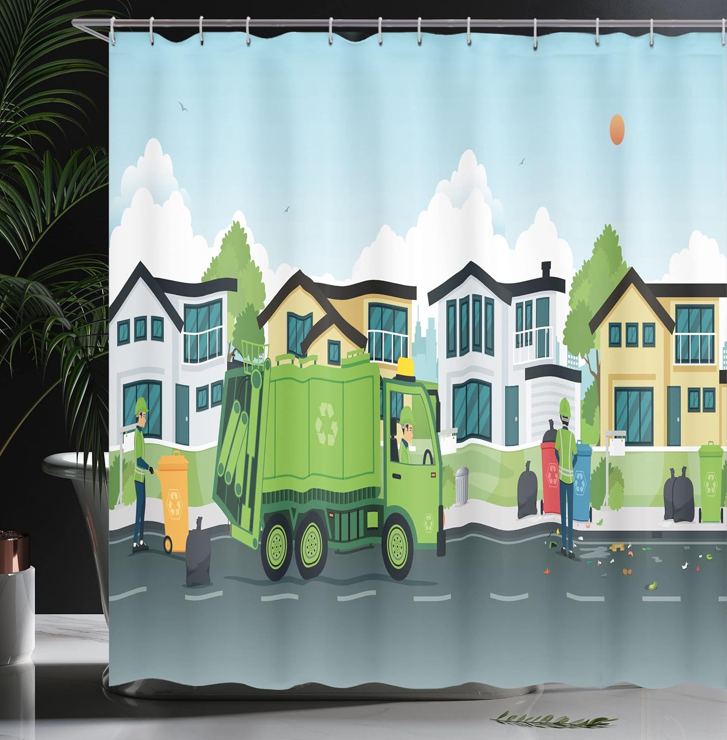 Ambesonne Garbage Truck Shower Curtain, Truck on The Road with Houses on The Background Men Picking The Trash, Cloth Fabric Bathroom Decor Set with Hooks, 69" W x 70" L, Green Pale Blue