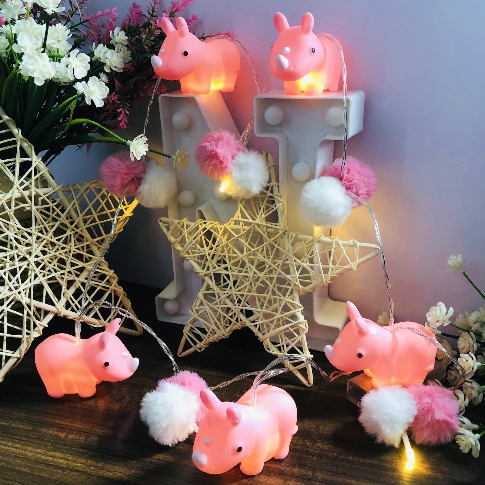 Riaxuebiy Cute Christmas Pom Pom Fairy Lights, Battery Powered 1.65M 10 LED Colorful Pompoms Rhino String Light for Xmas Party Indoor Girls Boys Bedroom Hawaii Beach Party Decoration (Pink Rhino)