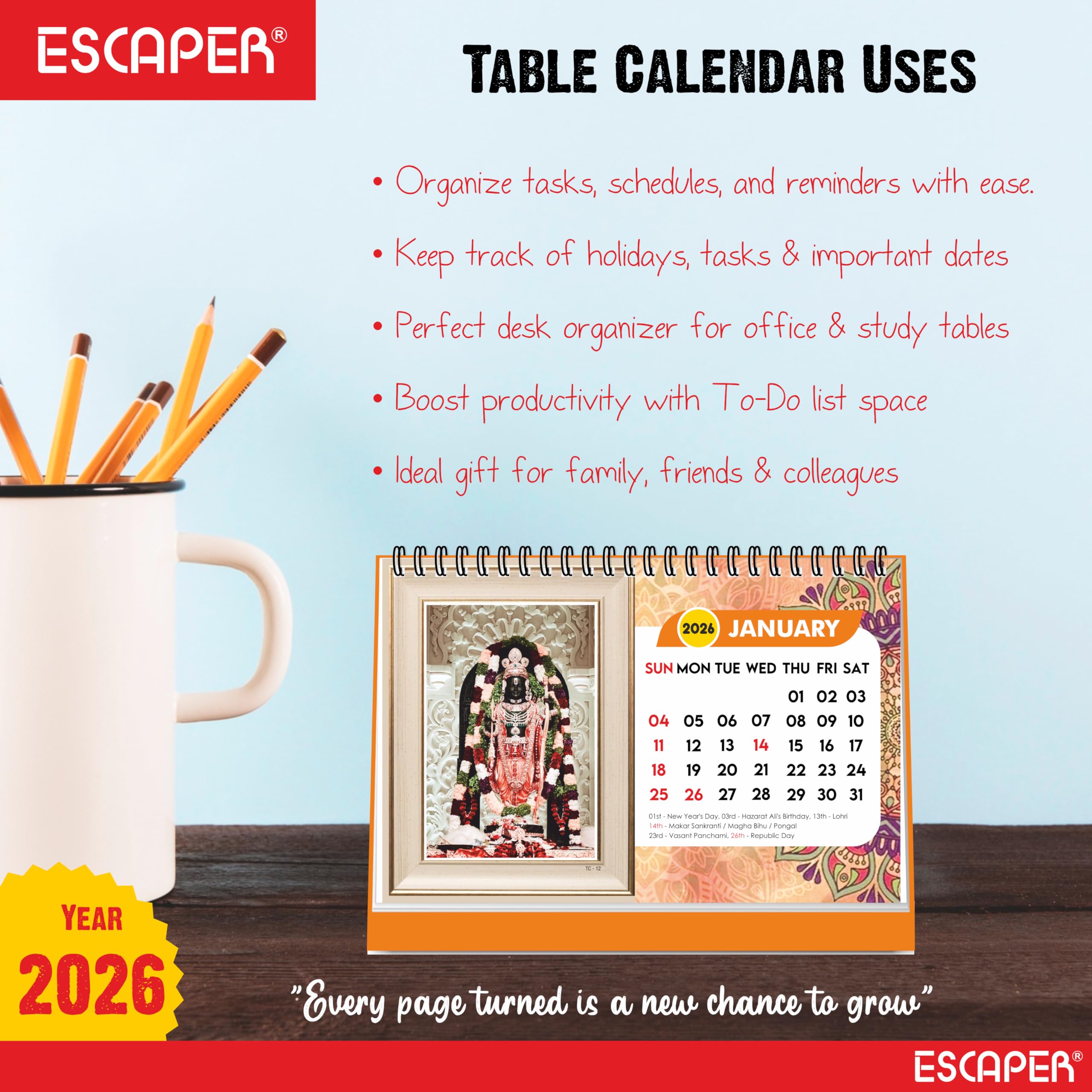 ESCAPER Tischkalender 2026 Hindu-Götter (A5) - Lord Ram, Lord Hanuman, Laddu Gopal & Lord Ganesha Tischkalender, spiritueller & religiöser Tischkalender für Zuhause & Büro
