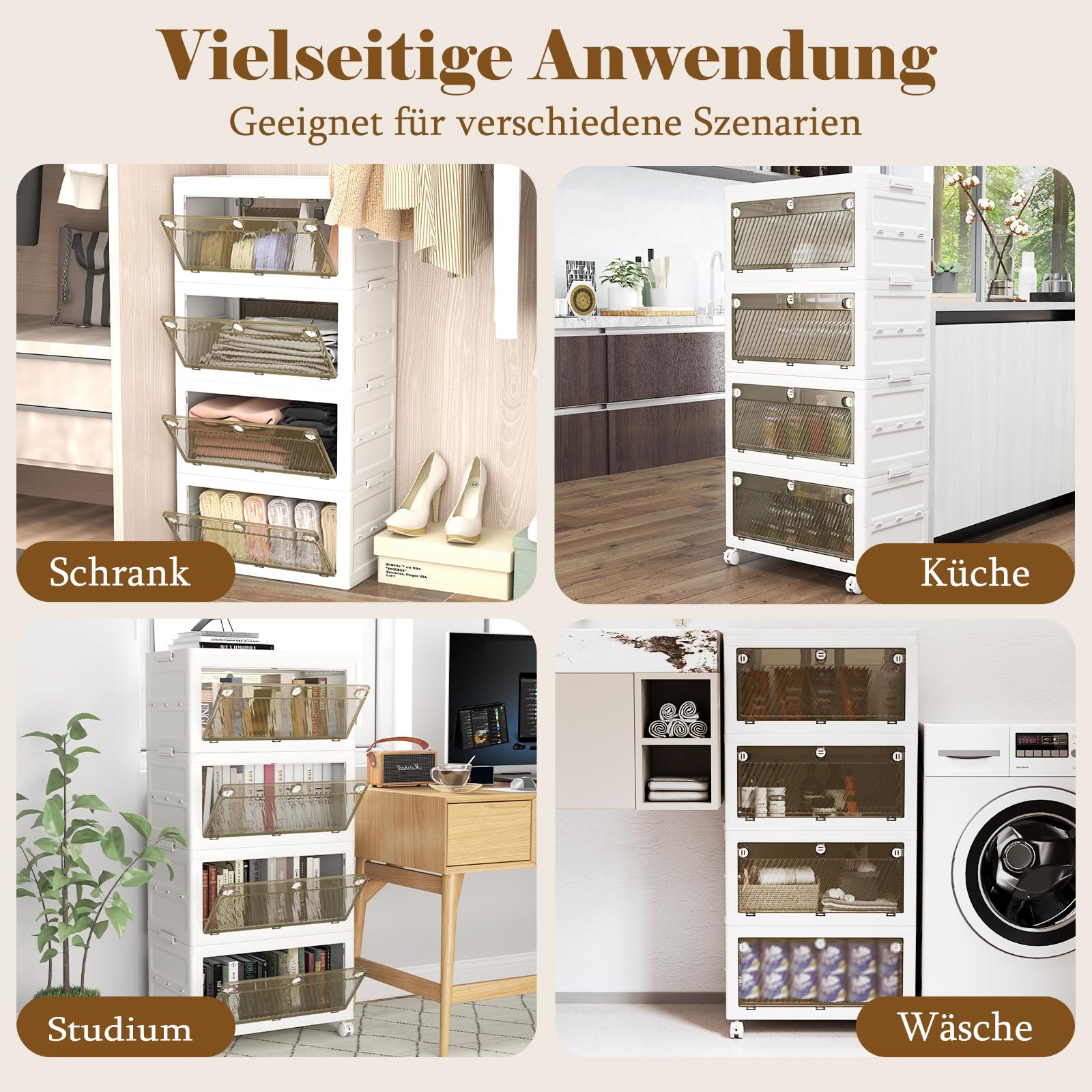 COSTWAY 168 L Aufbewahrungsbox mit Deckel, 4er Set Stapelboxen faltbar, Aufbewahrungsbehälter mit Zweiweg-Türen & Rollen, Boxen Aufbewahrung Kunststoffbox, Weiß (168 L)