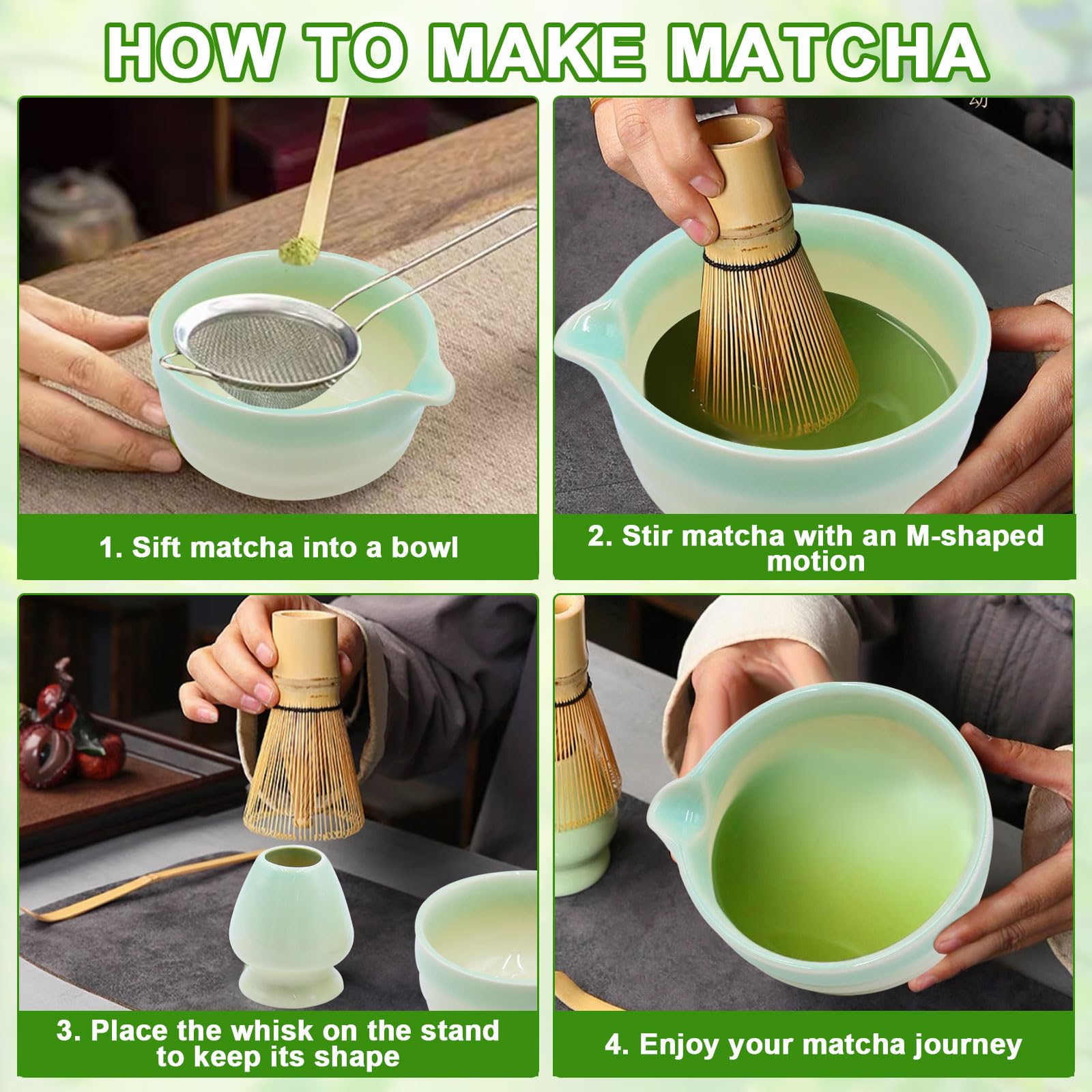 5 piezas cuenco de cerámica matcha, cuenco matcha, batidor matcha, espátula y escobillero matcha,Colador para la ceremonia del té.Gradiente de color
