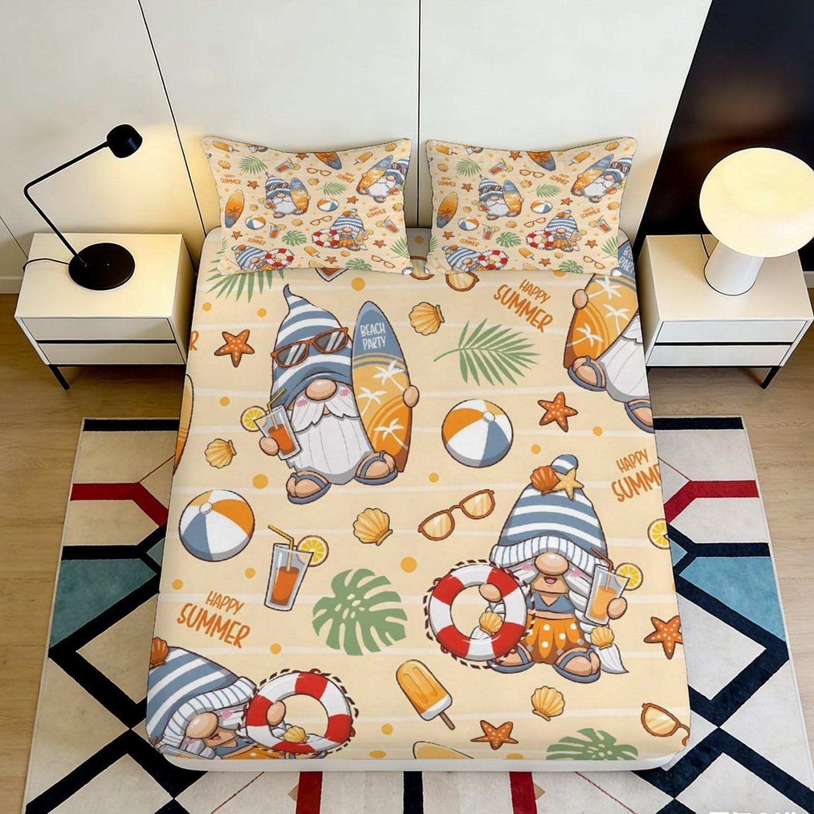 3D Printed Summer Beach Gnome Fitted Sheet Microfiber Orange Cartoon Mattress Cover Non Slip Washable for Bedroom Dorm 140x200x25cm