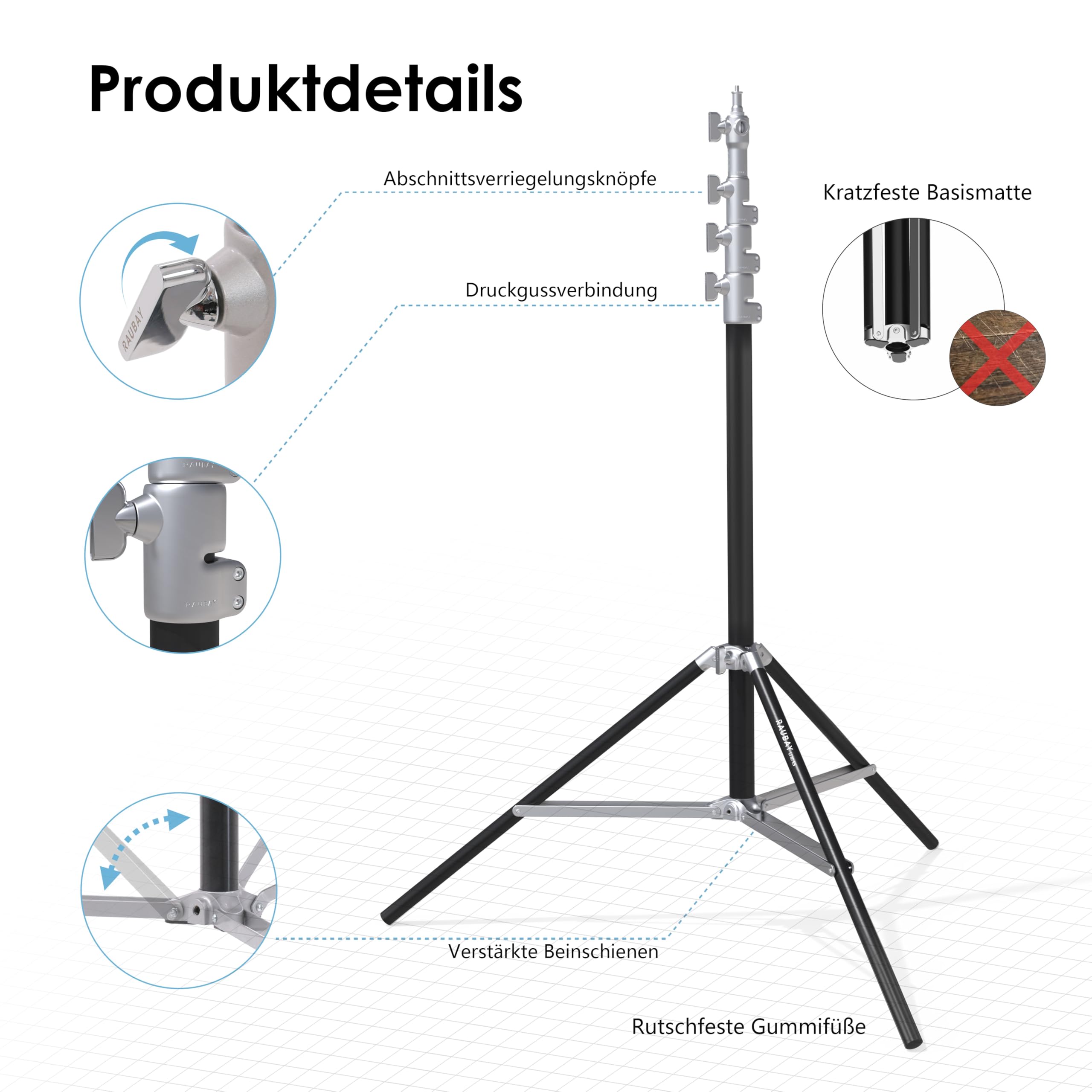 RAUBAY 3 m Robustes Lampenstativ, Luftfederung, Silber, LT30-RS | Aluminium-Fotostativ mit 1/4- und 3/8-Zoll-Anschlüssen für Softboxen, Studioleuchten, Video und Fotografie