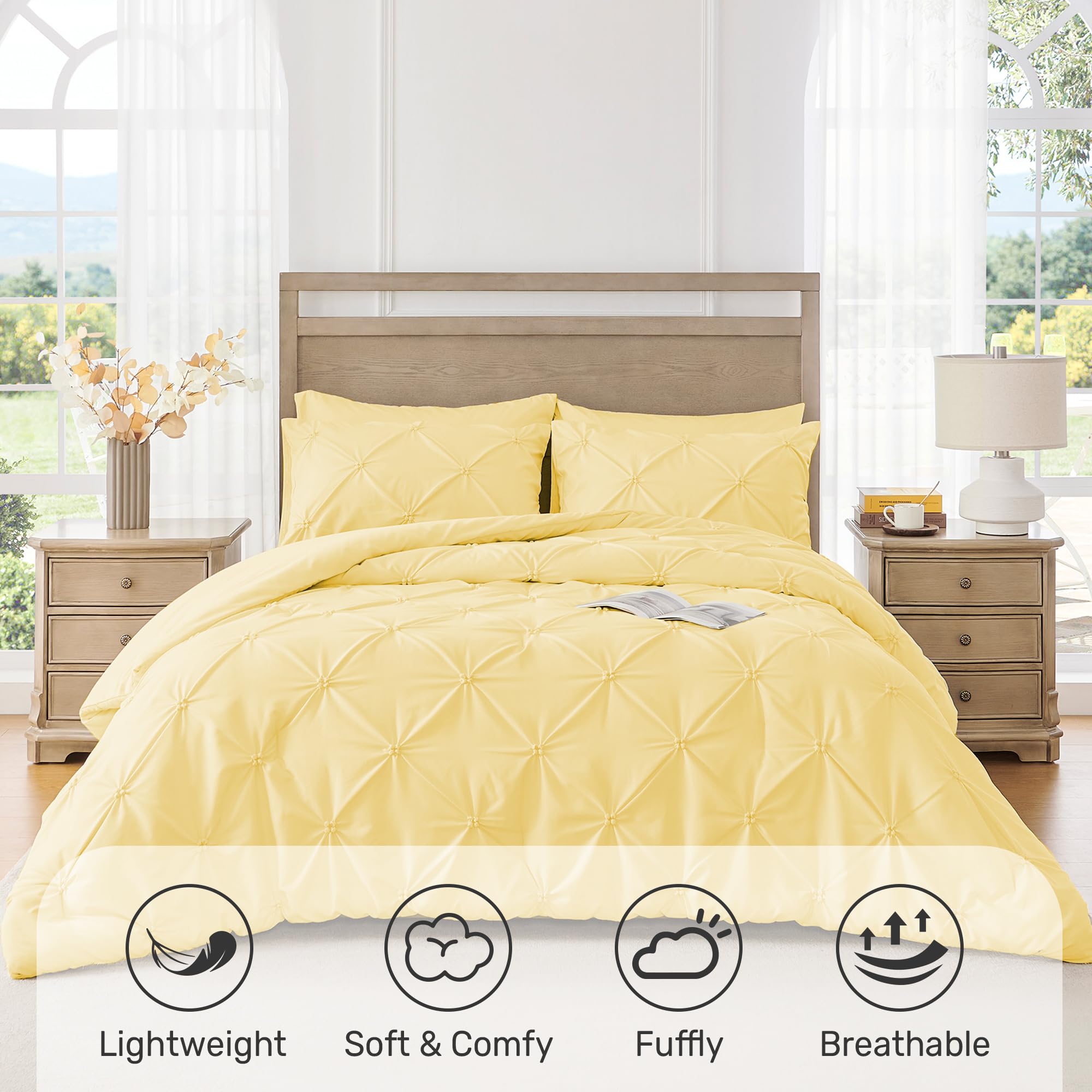 Condition photo showing As Is for unikome king size comforter set yellow - ultra soft boho pintuck down alternative bedding set for all seasons, 3 pieces lightweight warm pinch pleat bed set with comforter, 2 pillowcases