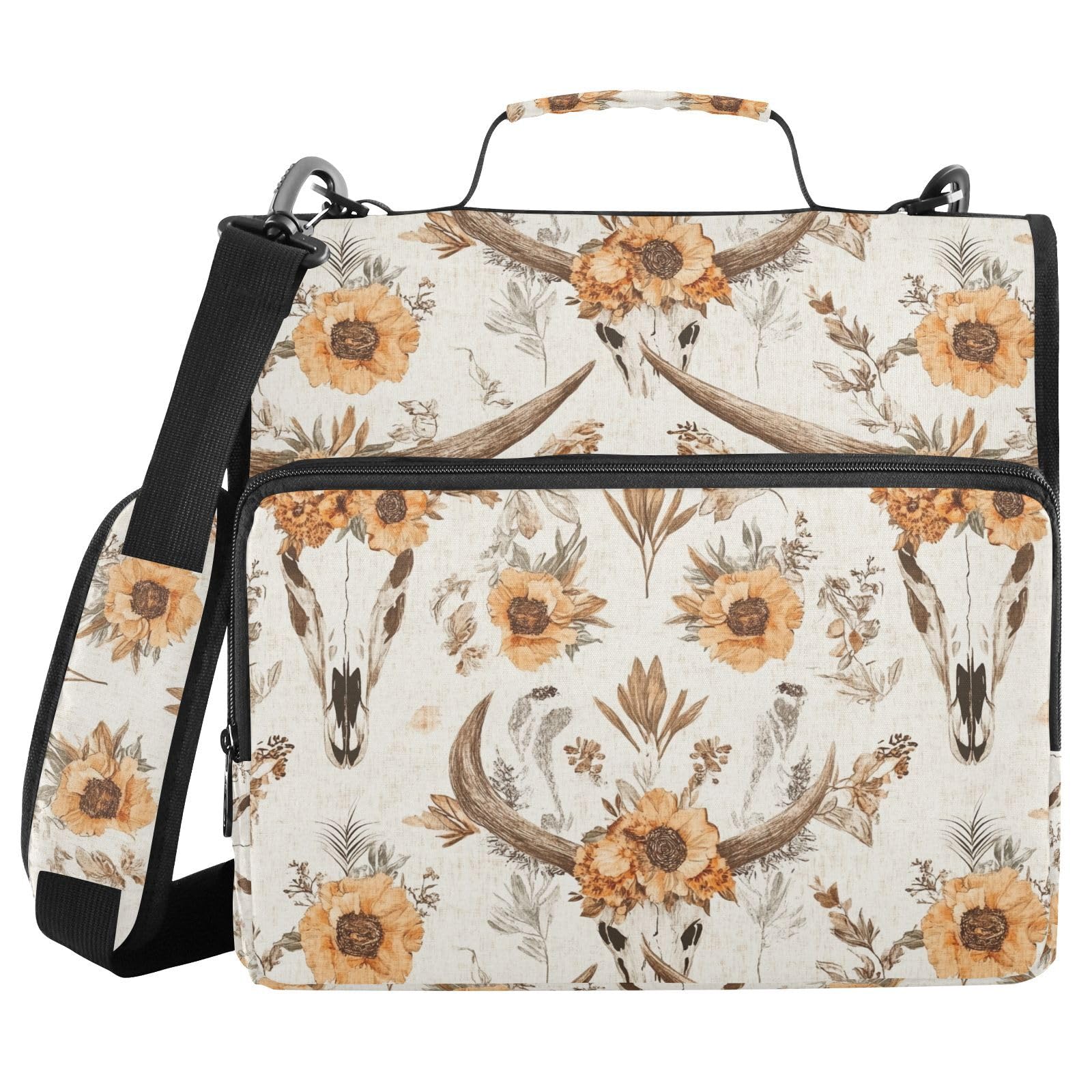 Western Boho Kuh Schädel Blume Reißverschluss Ordner mit Schultergurt Tasche 3 Ring Binder Organizer Große Kapazität Mehrere Fächer für Schule Büro