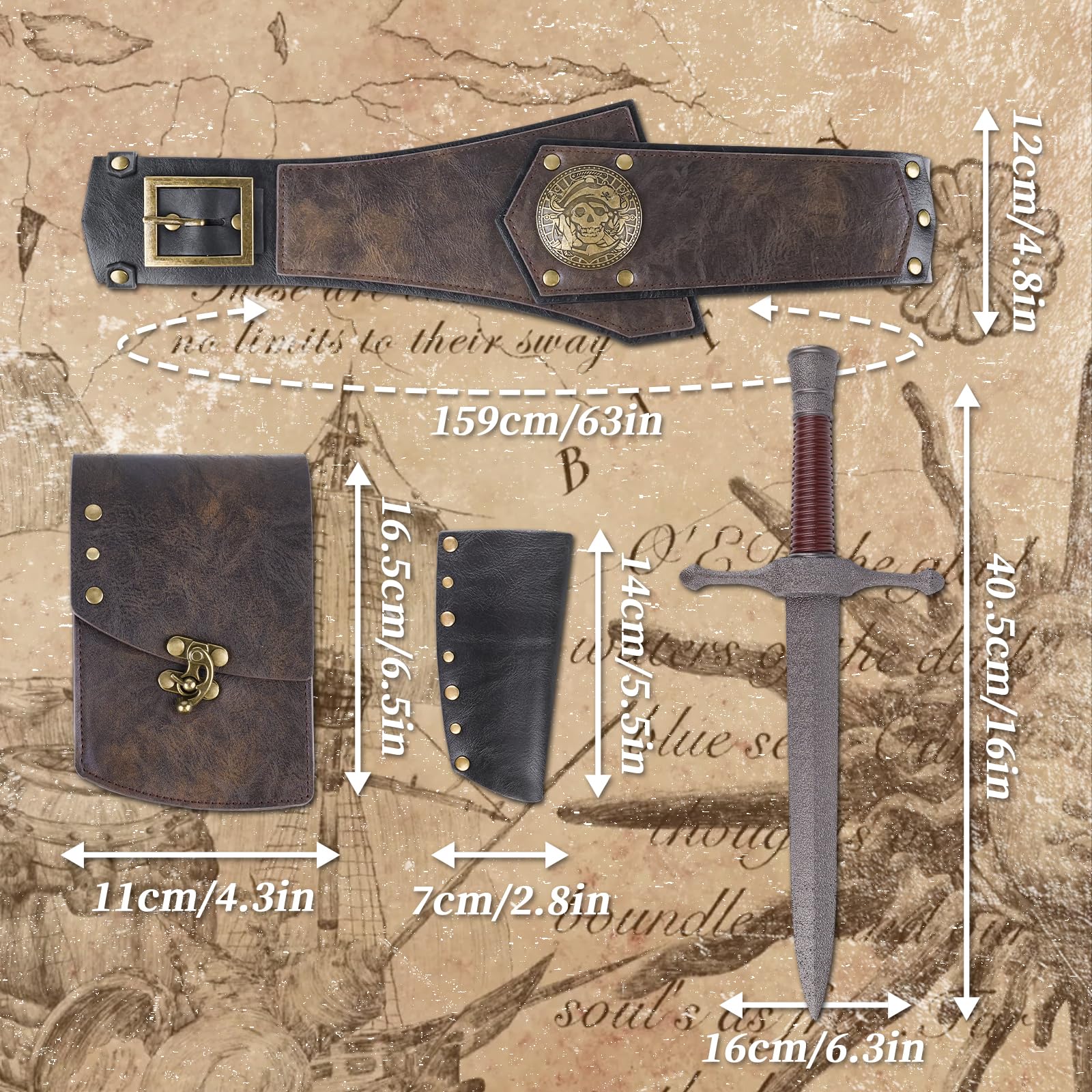 HiiFeuer Kostium pirata dla mężczyzn, akcesoria z renesansowym pasem, średniowieczna torebka, sztuczny sztylet i miecz, żaba do Ren Faire LARP, 4 szt