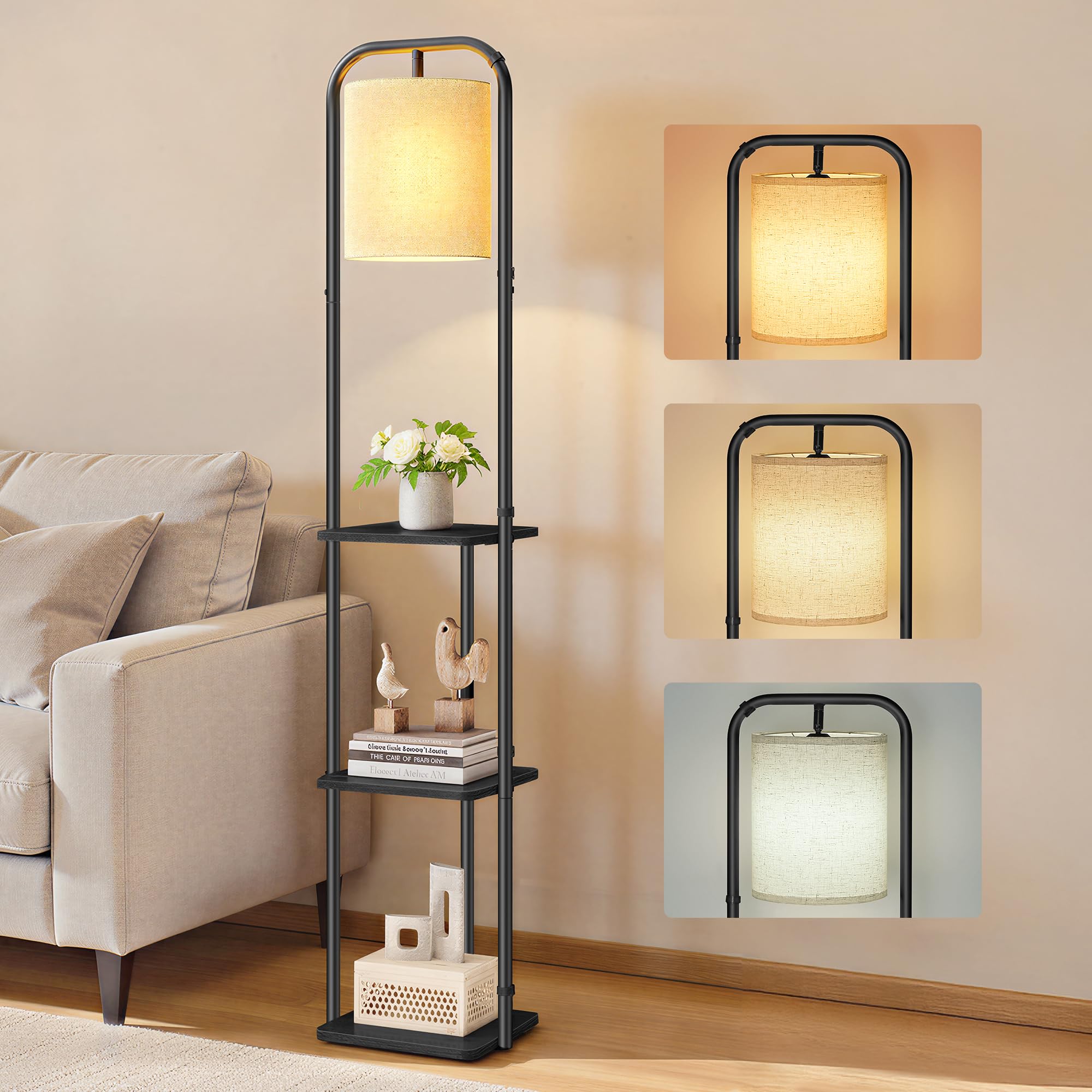 VASAGLE Stehlampe mit 3 Ablagen, Standleuchte, Stehleuchte, LED-Glühbirne inklusive, mit Fußschalter, Lampenschirm aus Stoff, für Wohnzimmer und Schlafzimmer, tintenschwarz LFL001BD02