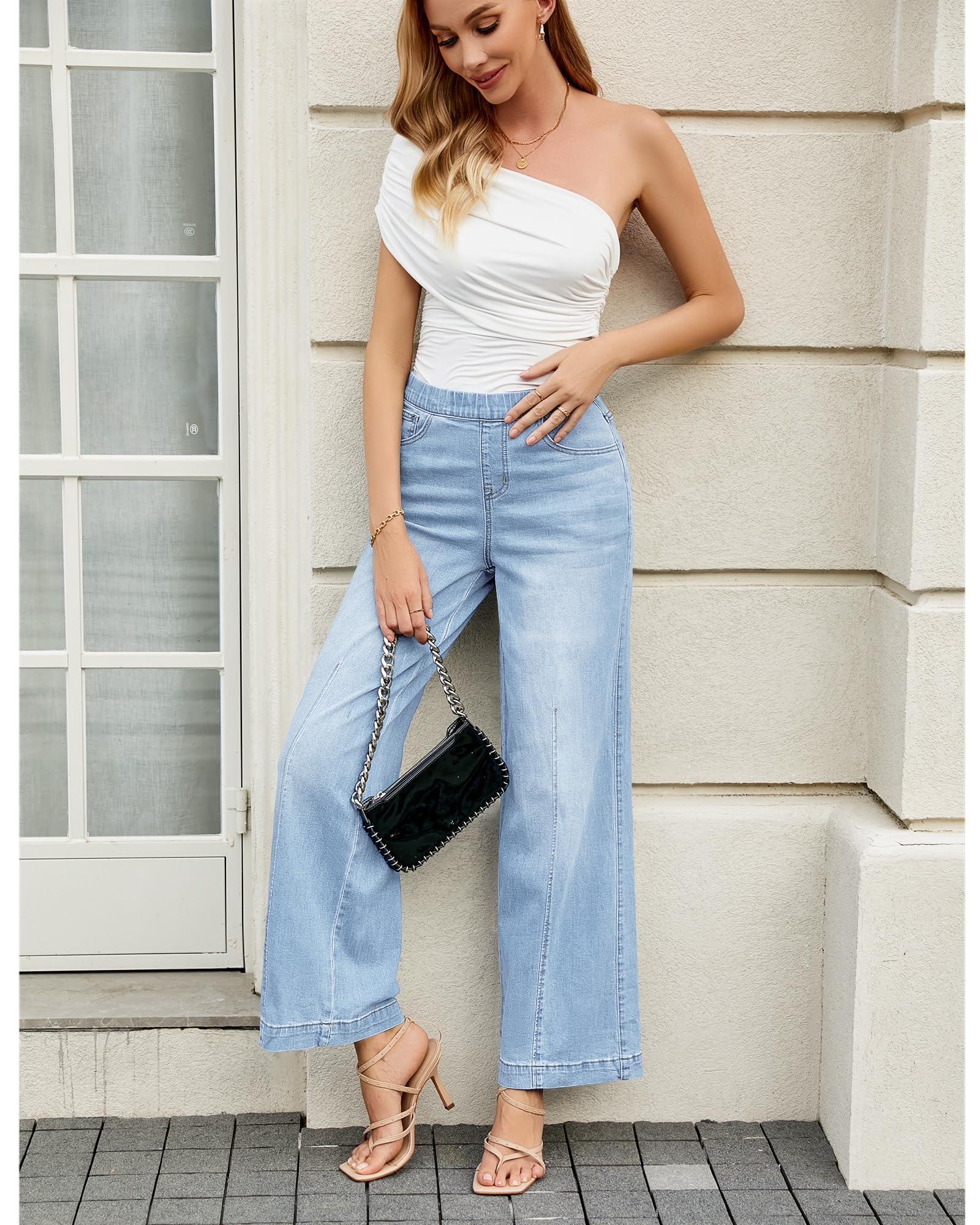 Roskiky Jeans Damen High Waist Pull On mom Jeans Stretchy High Waisted Denim Wide Leg Trouser Pants Trendy Front Seam 90s Loose Jean