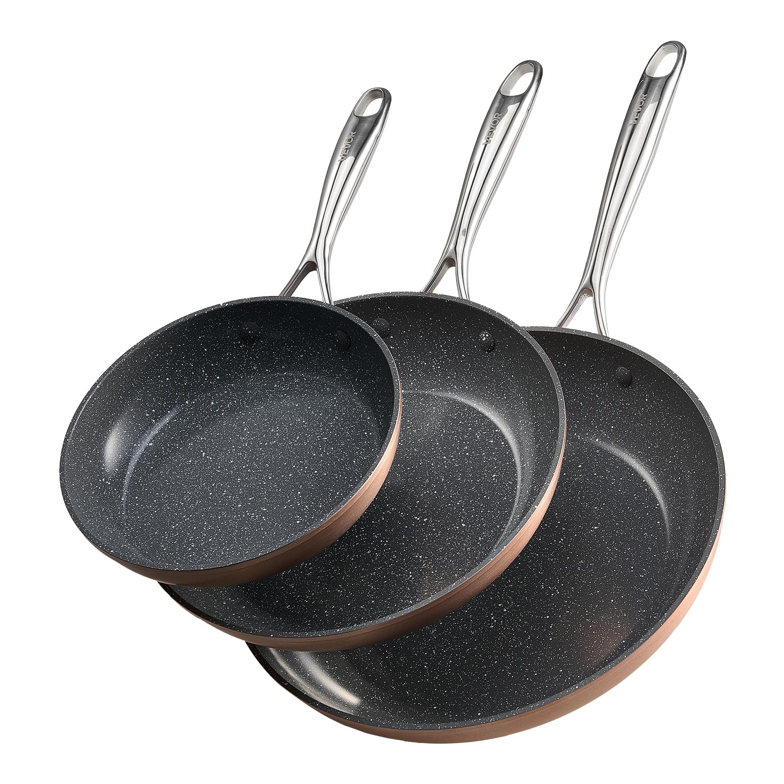 VEVOR Padella in Alluminio, 3 Pezzi, 200, 270, 300 mm Padelle in Ceramica Antiaderente ad Alta Resistenza con Manico Resistente al Calore, Pentole da Capocuoco, per Forno, Elettrico, Induzione, Grigio