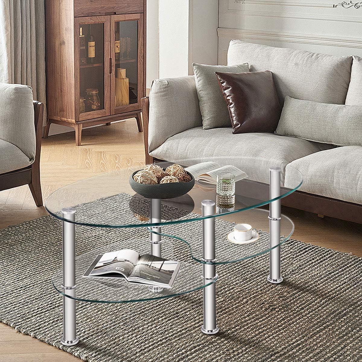 DORTALA Tempered Glass Oval Coffee Table, 3-Tier Modern Side Table with Chrome Base and Open Storage Shelf, Home Furniture Decor End Table for Living Room, Office Reception, Clear