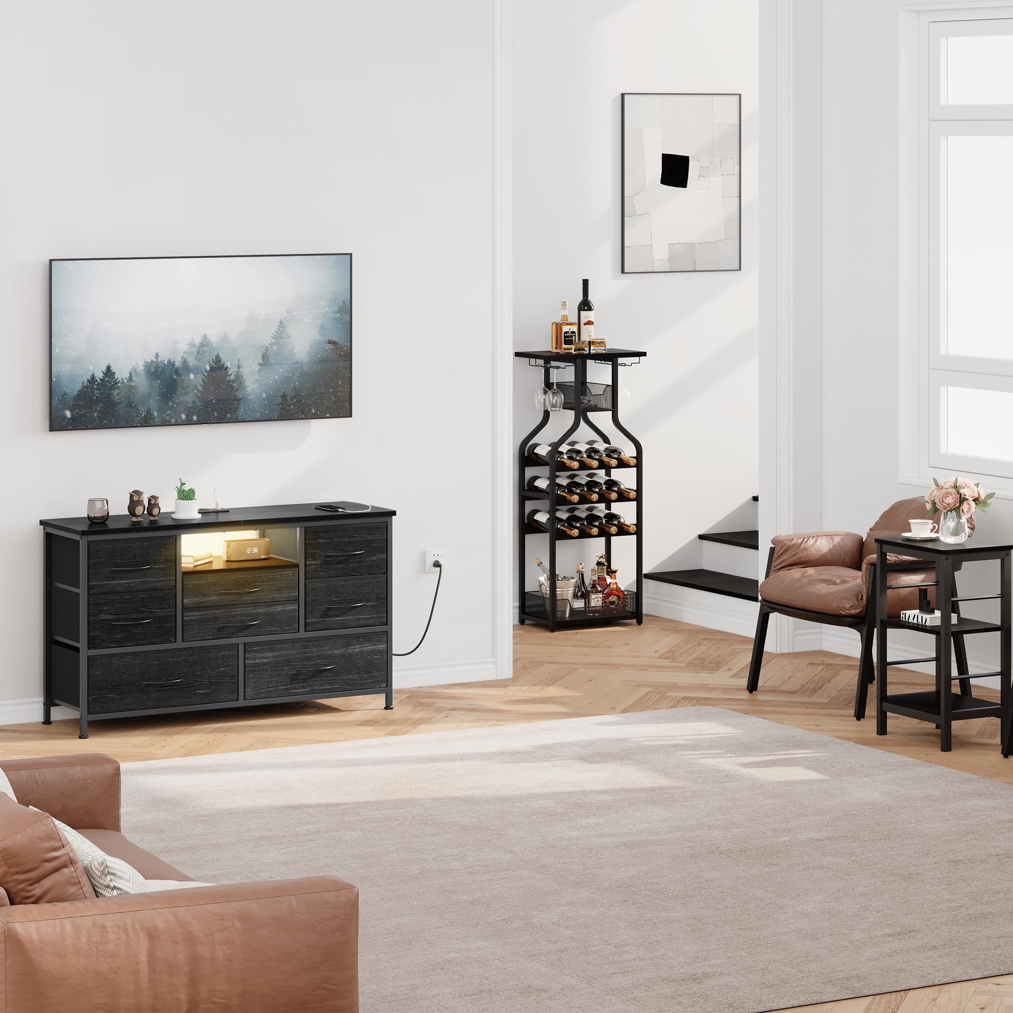 GarveeHome TV-Lowboard Mit Steckdosenleiste Inkl. USB & LED-Beleuchtung, 8–10 Stoffschubladen, Holzplatte, Für TVs Bis 55 Zoll, Breite TV-Konsole Stauraum Metallrahmen