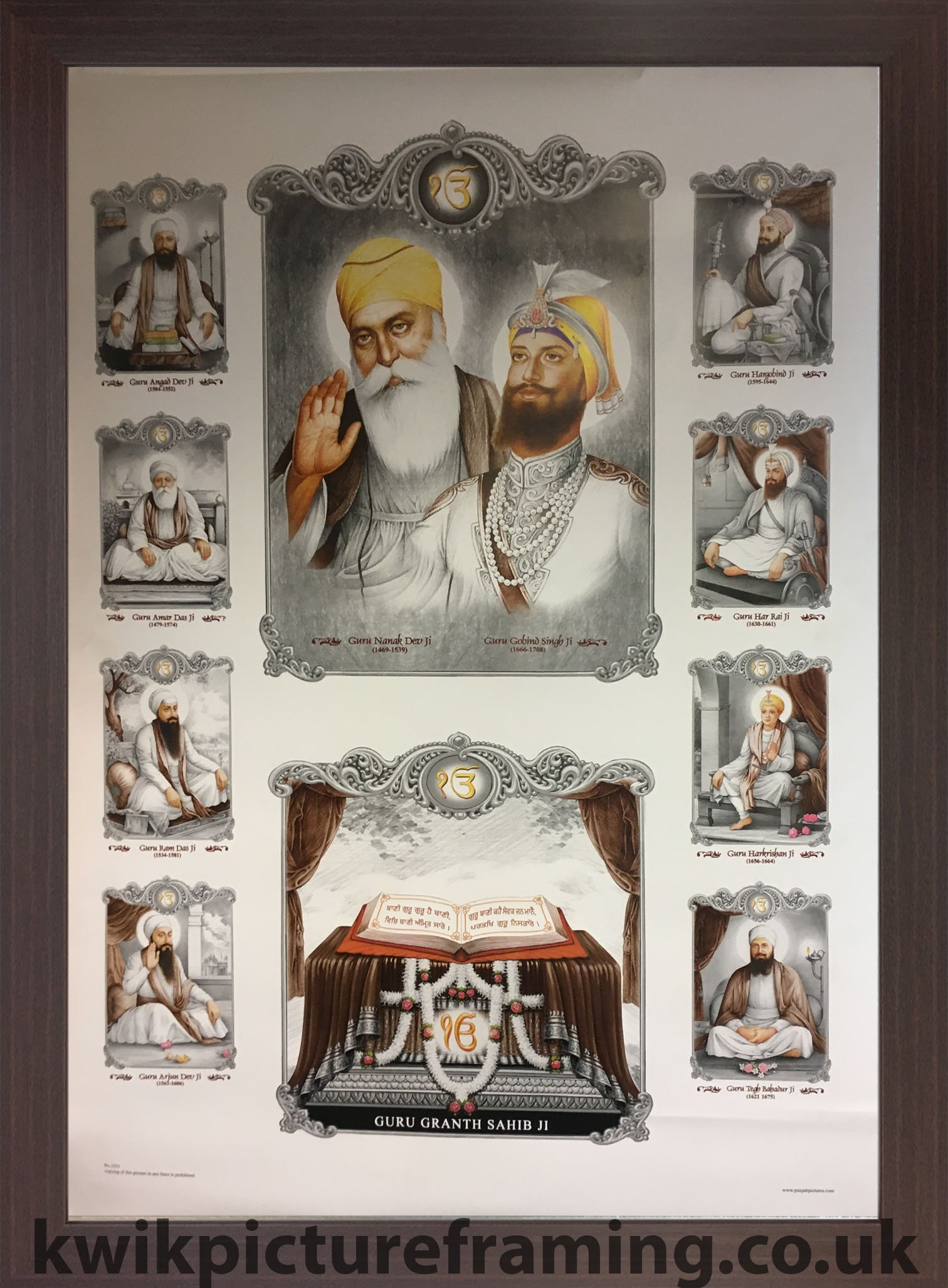 Kwik Picture Framing Ltd Mahogany Large Sikh Gurus Of Sikhism Modern Art Print In Size - 40 X 29 | Frame