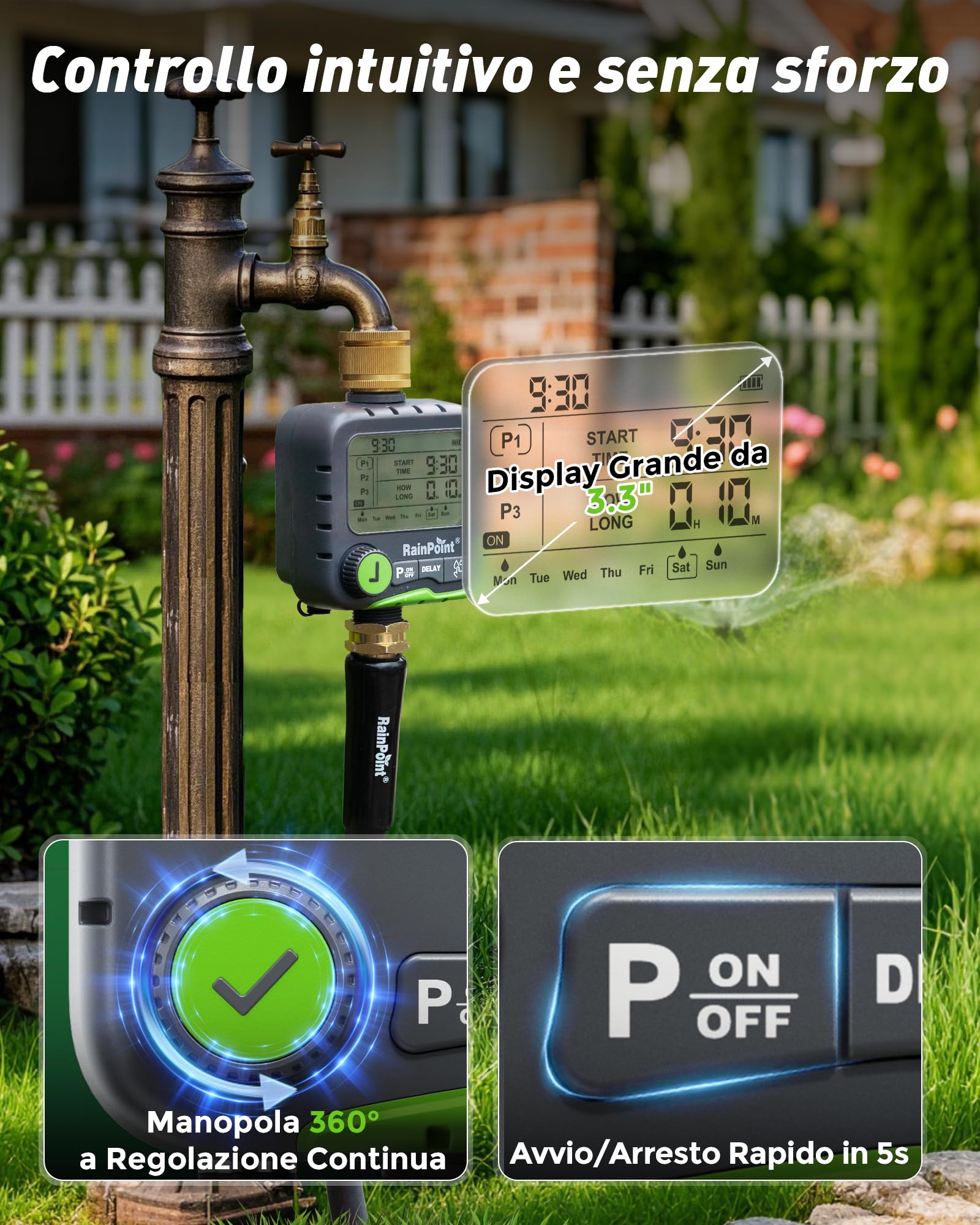 RAINPOINT Timer Irrigazione ITV156 Kit Solare, Timer Rubinetto per Giardino e Prato, con Pannello Solare e 2 Batterie AA Ricaricabili, 3 Programmi Indipendenti, Ricarica Solare Continua