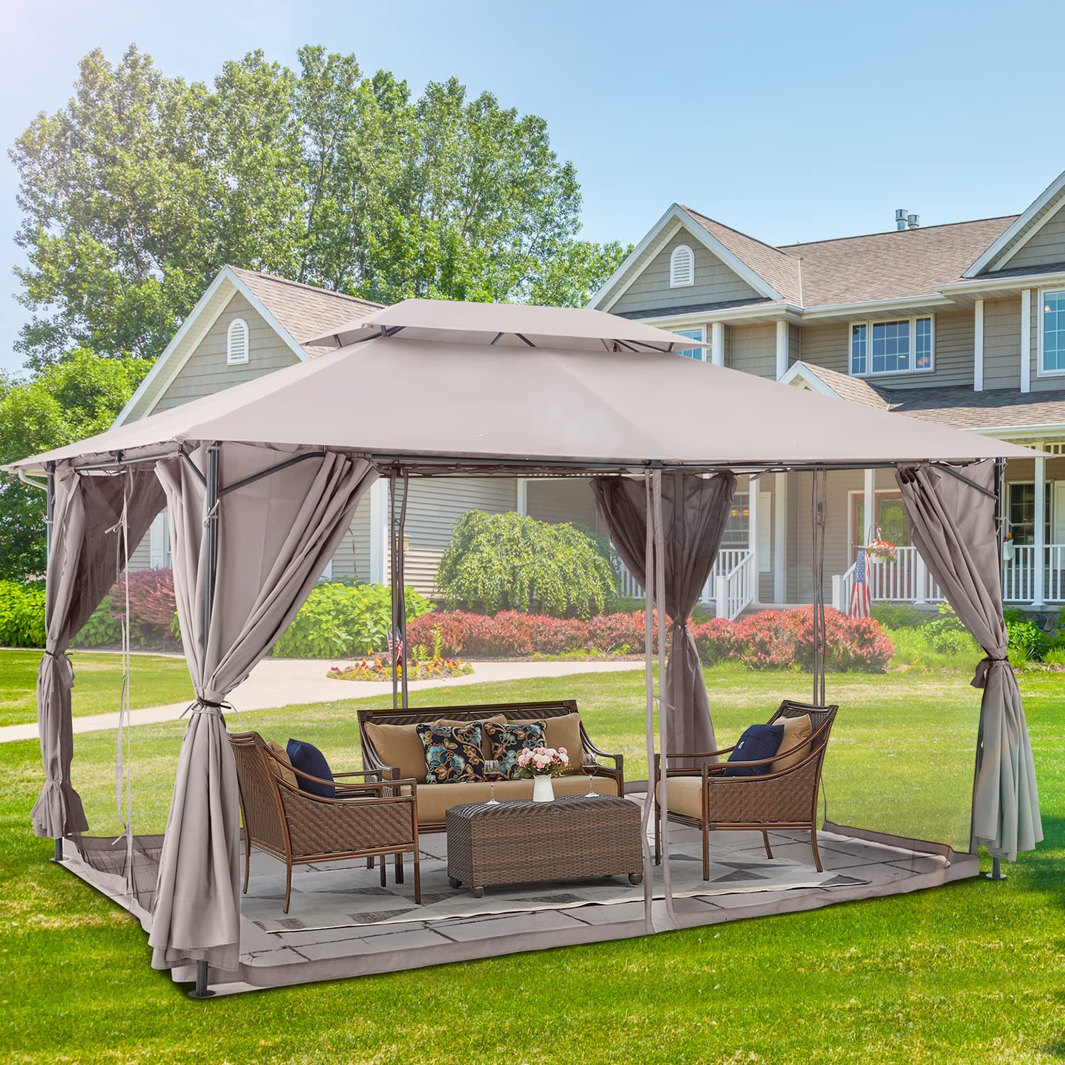 LAUSAINT HOME 10'x13' Patio Gazebo with Privacy Curtain and Mosquito