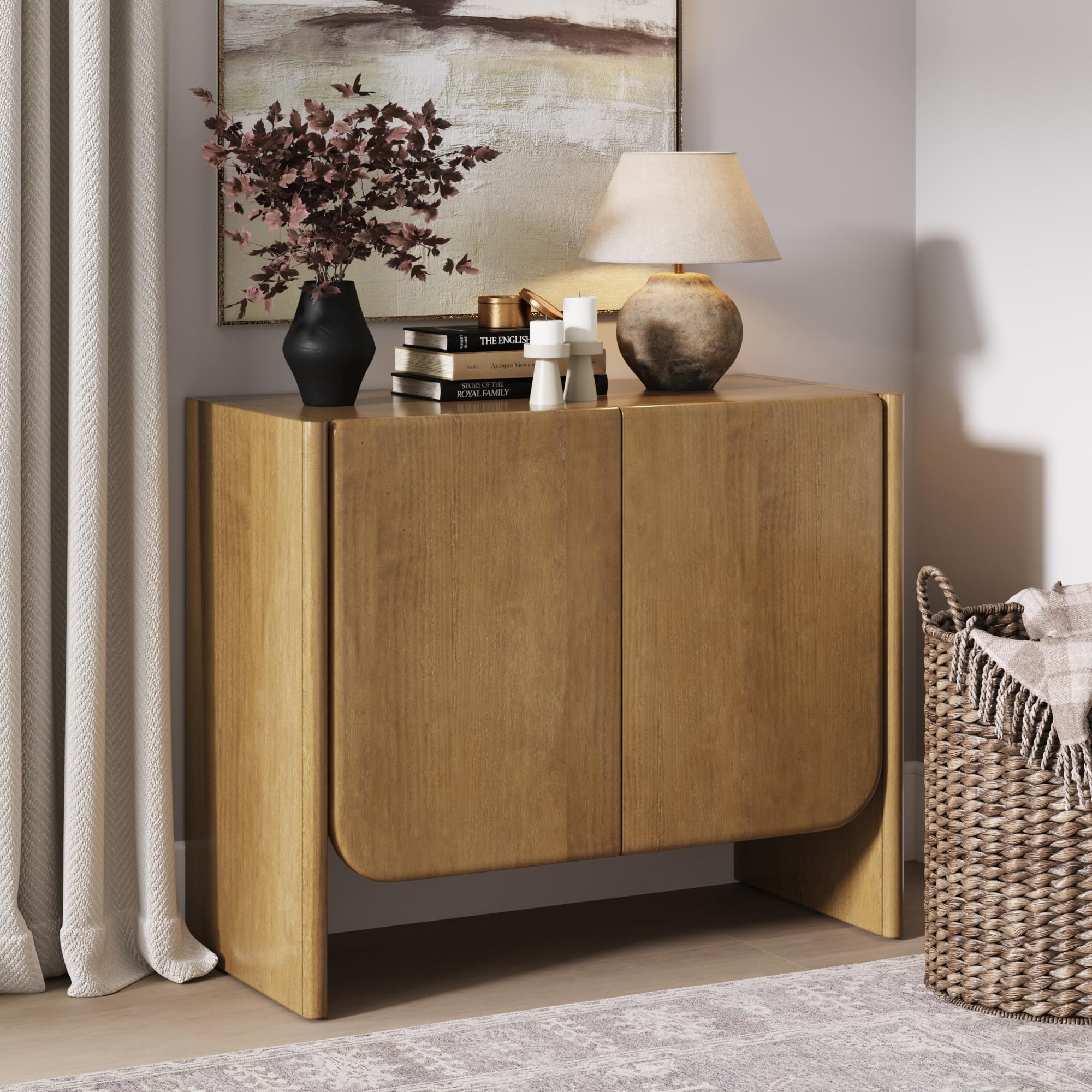 Nathan James Jacala Mid Century Modern Entryway Storage Cabinet with Doors, Living Room Accent Cabinet with Wood Frame, Light Brown