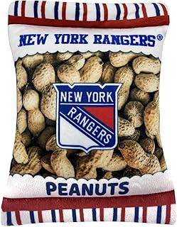 NHL New York Rangers Crinkle FINE Plush Dog & CAT Squeak Toy - Cutest Stadium Peanuts Snack Plush Toy for Dogs & Cats with Inner Squeaker & Beautiful Baseball Team Name/Logo