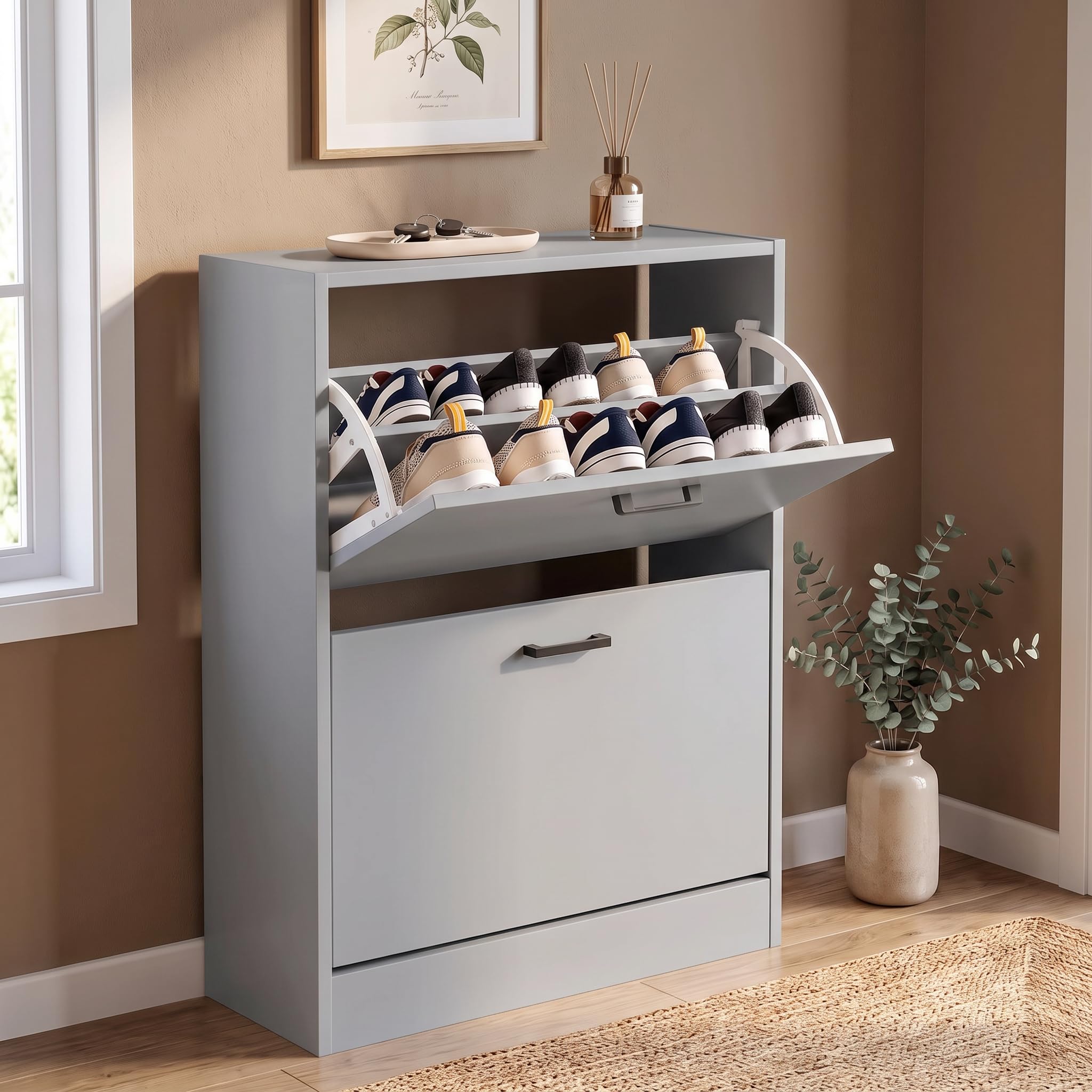 Blisswood 2 Drawer Shoe Cabinet, Wooden Shoe Storage Organiser Cupboard Unit Hallway Furniture, freestanding Entryway 2 tier Modern Shoes Rack Cabinet Footwear Stand for Shoes (Light Grey) — image 1