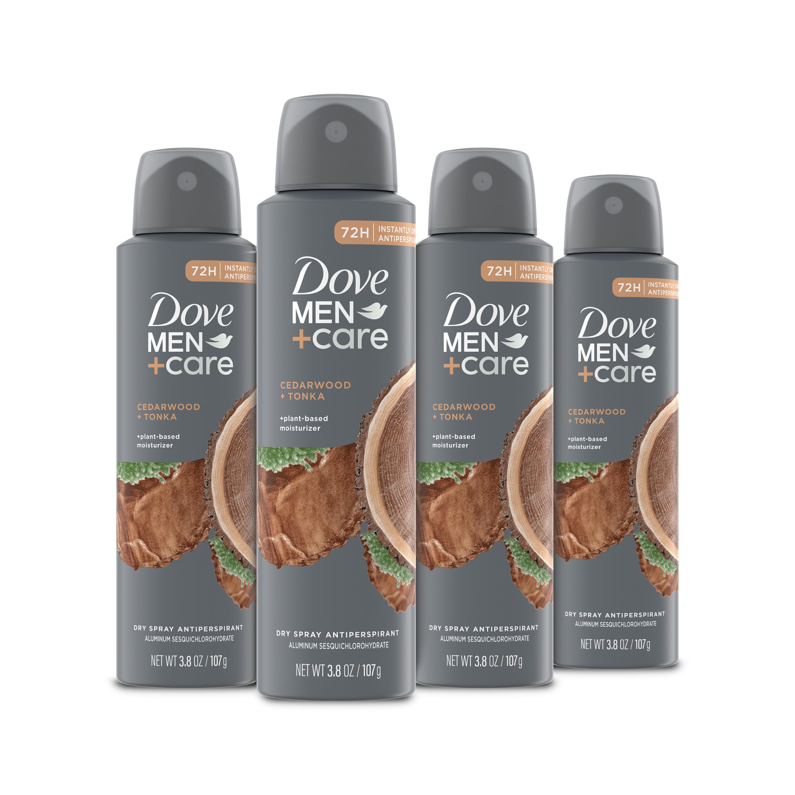 Dove Men+Care Dry Spray Antiperspirant Cedarwood + Tonka 4 Count 72H Protection with a Plant-Based Moisturizer 3.8 oz