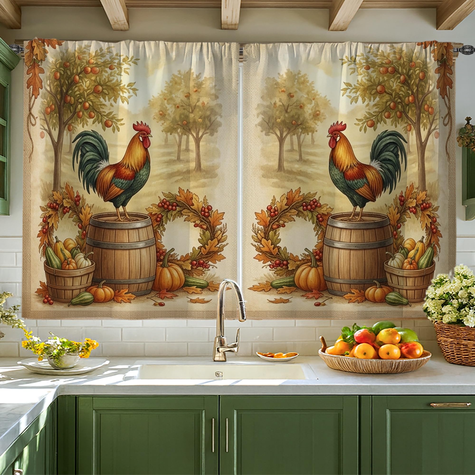 Rideaux de cuisine coq et citrouilles orange d'automne 106x114 cm