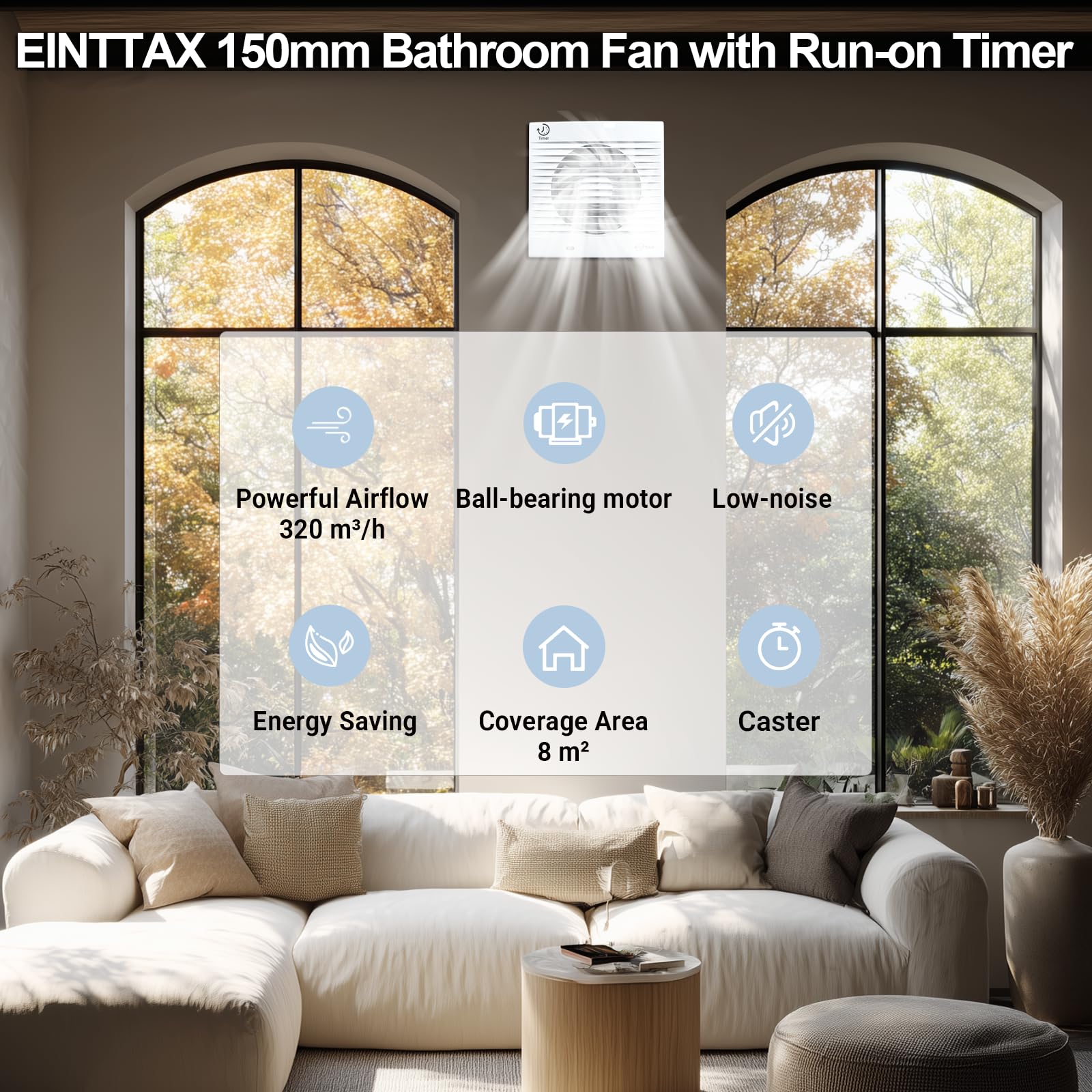 Ventilatore da bagno 150 mm da cucina con ripostiglio, 320 m³/h, IPX2, impermeabile, con valvola di ritorno, per bagno, cucina, camera da letto, garage, bianco
