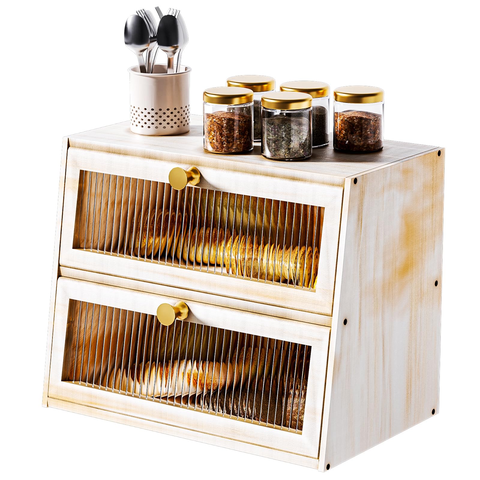 JUATPNIY Vintage Double Layer Bread Box for Kitchen Countertop，Large White Bread Boxes Wooden Breadbox Bread Storage Container Bin Bread Holder(