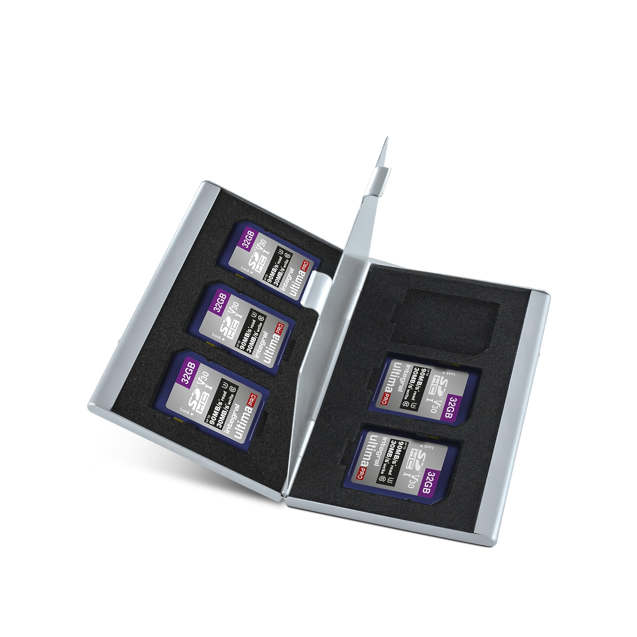 Integral SD KarteB mit 6 Slot SD Kartenhalter Metall - 4K Ultra-HD Video Premium High Speed 90MB/s Lesen und 30MB/s Schreiben - SDHC V30 UHS-I U3 Class 10 SD Speicherkarte 5 Pack 32G – Bild 2