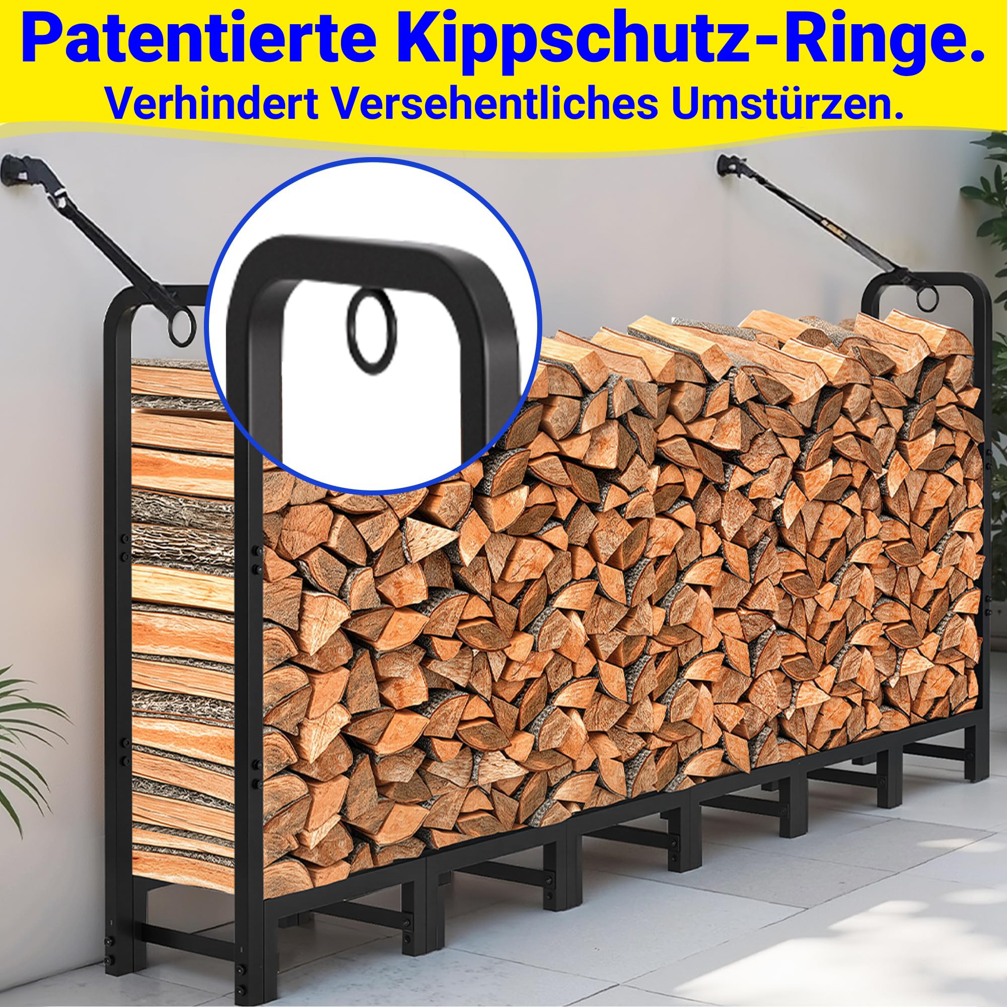 Amagabeli Kaminholzregal Aussen für Den Außenbereich 244cm x 30cm x 107cm für Kamin Brennholzstapel-Lagerregale für Terrasse Metall-Holz-Halter-Ständer Stahlrohr-Holz-Werkzeuge Schwarz