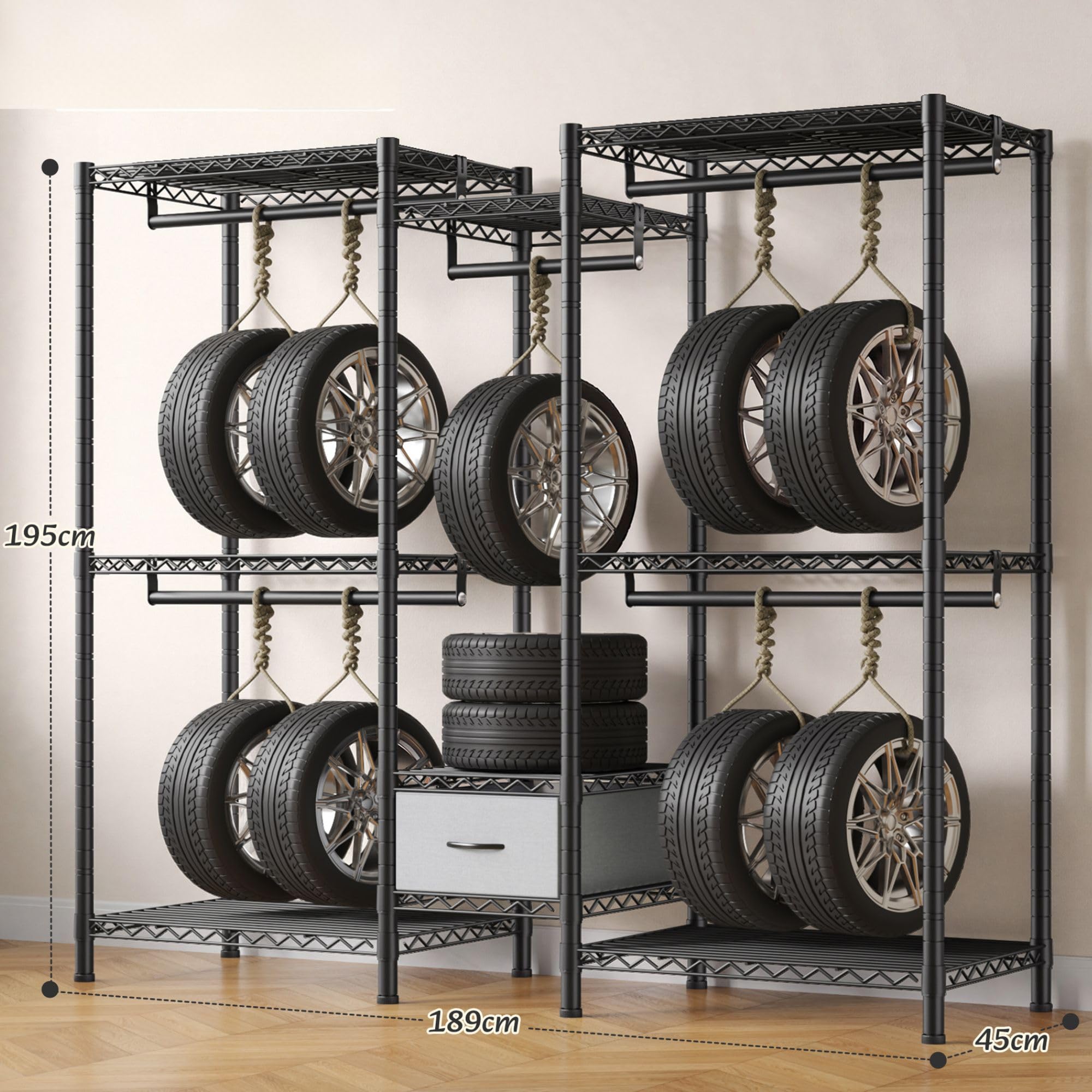 Burro ropa resistente, Armarios dormitorio metálico con 8 estantes regulables en altura, 5 barras para ropa y 1 cajón, 550 KG de carga, Perchero burro ropa, 189x45x194,5 cm, Negro