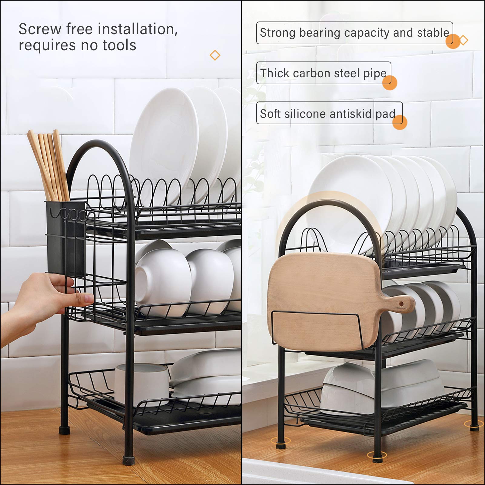 Pongnas Rejilla para Secar Platos, Rejilla para Platos con Diseño en Forma de U Rejilla para Secar Platos Grande de 3 Niveles para Encimera de Cocina para Platos, Tazas y Tablas de Cortar