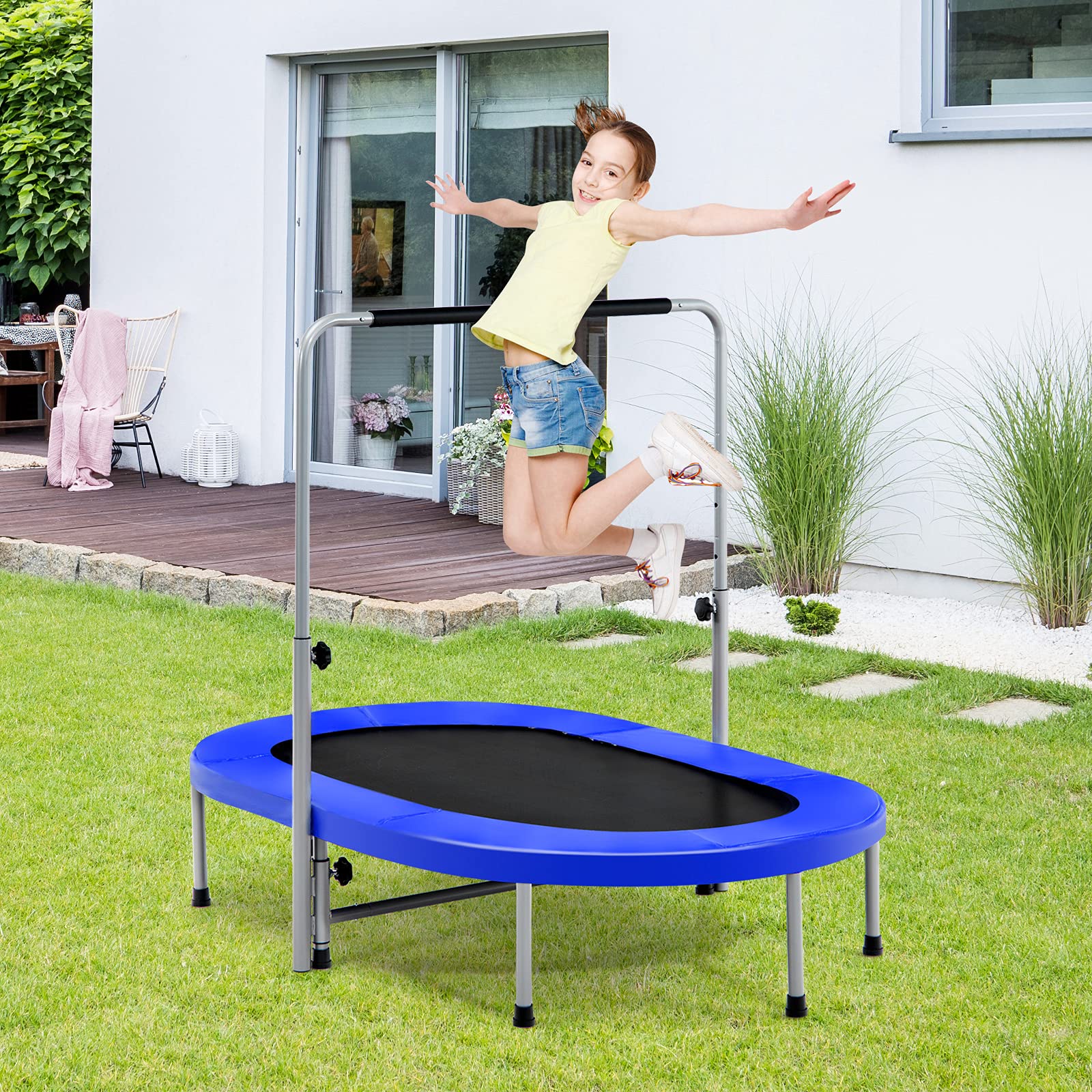 GYMAX Trampoline Double de Loisir pour 2 Personnes, Trampoline Pliable avec Poignée Réglable et Coussin de Sécurité, Rebondisseur Ovale pour Enfants et Adultes, Intérieur et Extérieur