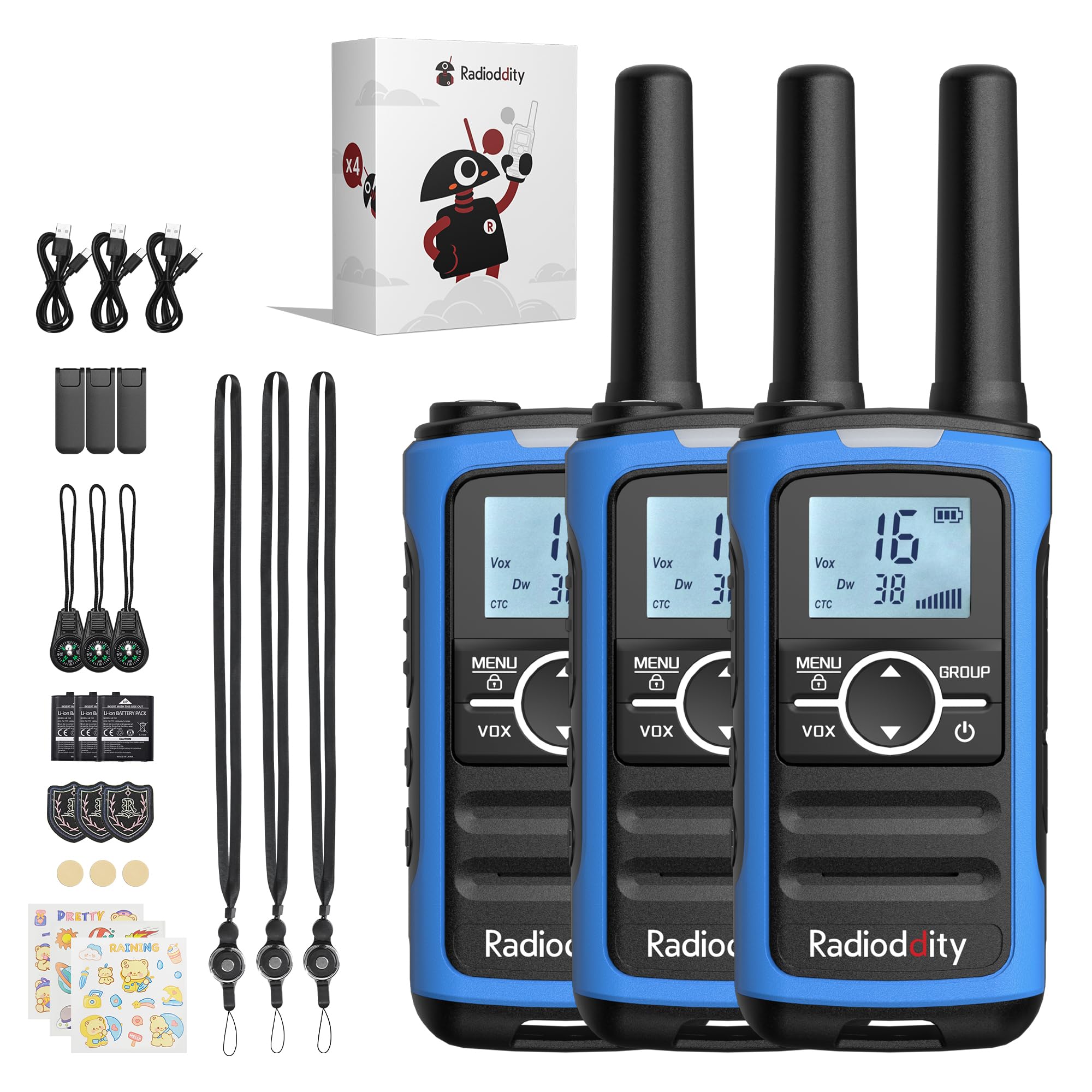 Radioddity PR-T8 Walkie Talkie per bambini, radio PMR446 ricaricabile a lungo raggio con chiamata di gruppo, batteria da 2000 mAh, ricarica USB-C, per escursionismo e campeggio, confezione da 3 pezzi