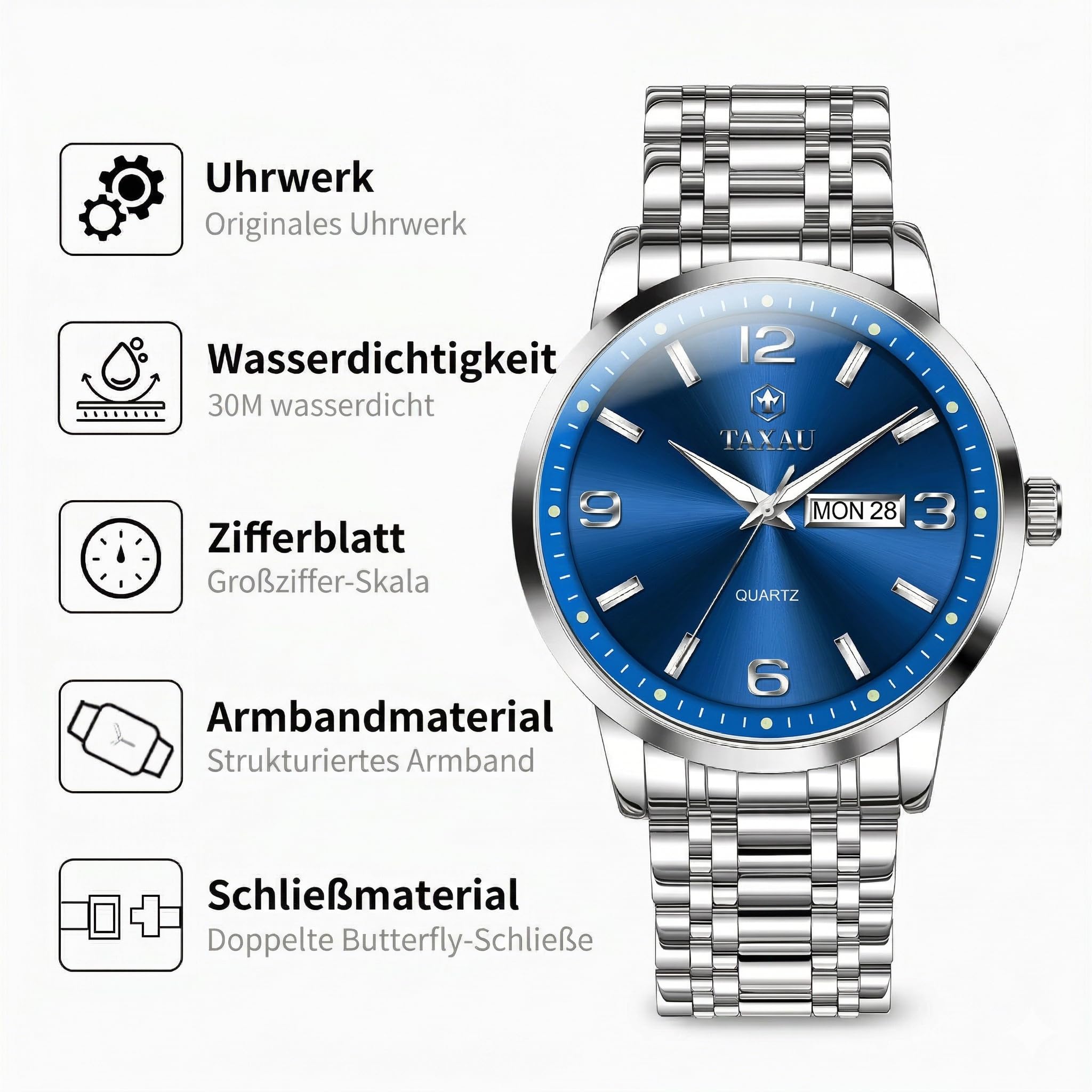 Taxau Wasserdicht Edelstahl Kleid Luxus Business Multifunktion Leuchtend Datum Geschenk Herrenuhr