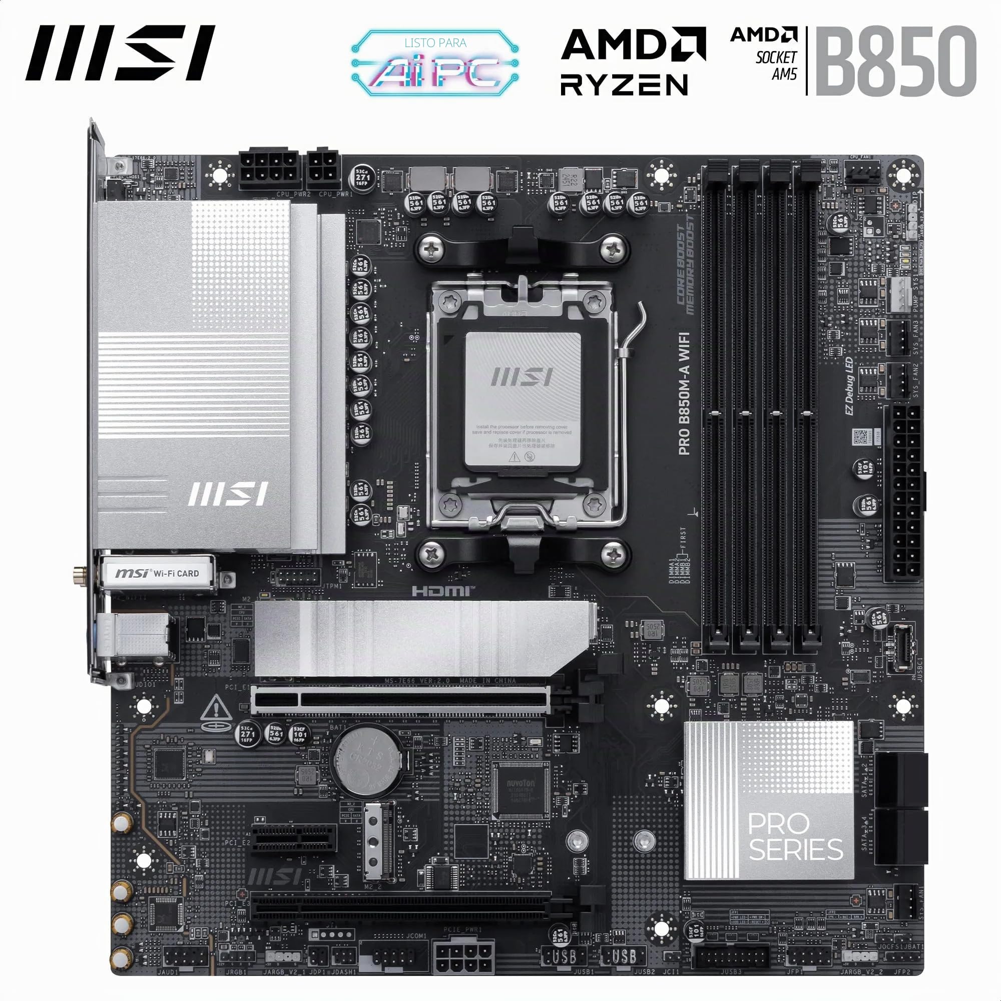 MSI Pro B850M-A - Placa Base WiFi, mATX, Compatible con procesadores AMD Ryzen 9000/8000/7000, AM5 - DDR5 Memory Boost (8200+ MT/s OC), PCIe 5.0 x16 y 4.0 x4, M.2 Gen5, Wi-Fi 7, 5G LAN