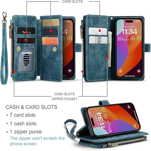 Miniatura 2 de CaseMe - Funda tipo cartera para iPhone 15 Pro, multifunción, hecha a mano, de piel sintética, con cremallera, a prueba de golpes, con cierre
