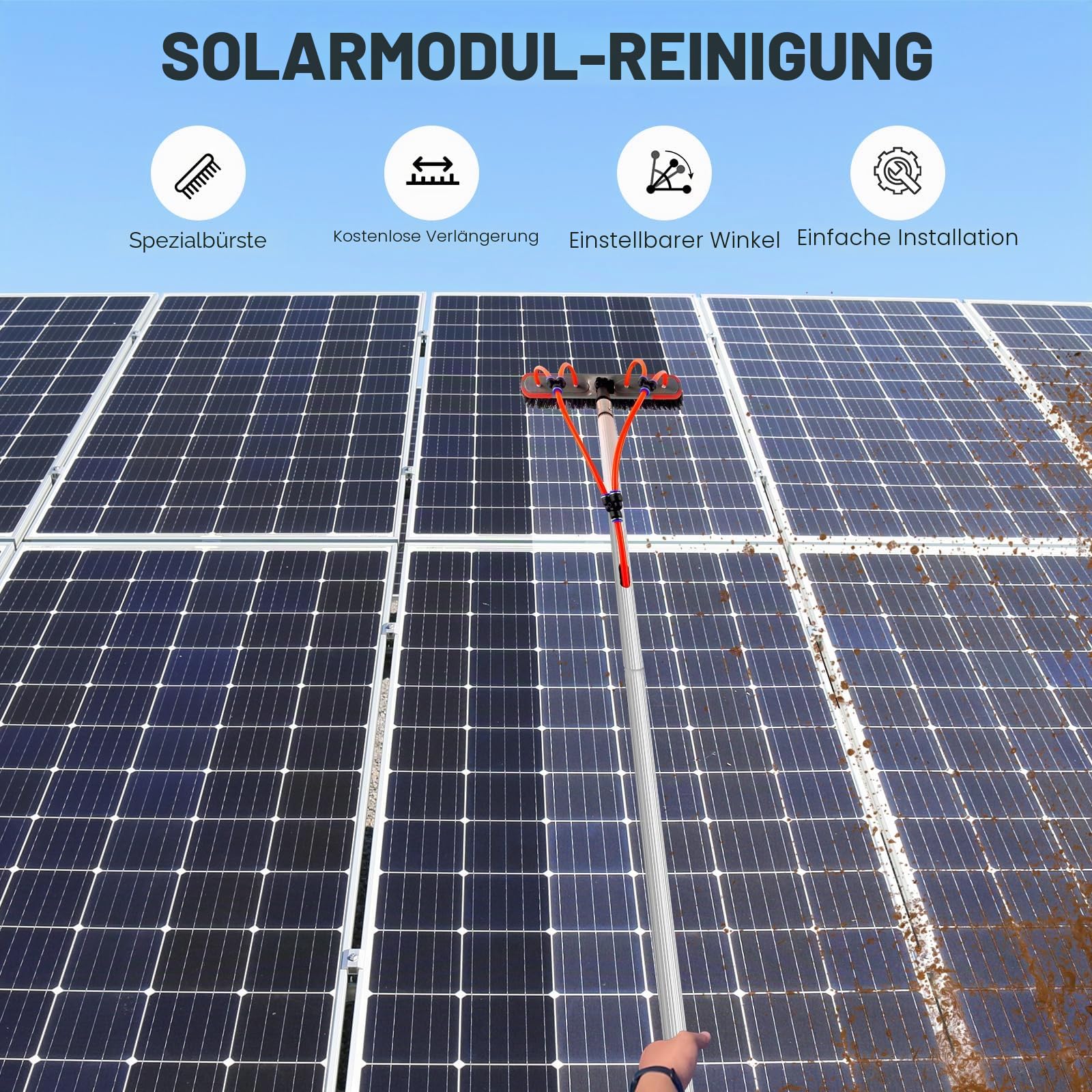 7m Aluminium-Teleskop-Reinigungsbürste mit Wasserschlauch für Solarpanele, Terrassendächer & Fenster, 180° verstellbarer Bürstenkopf, langlebig & platzsparend